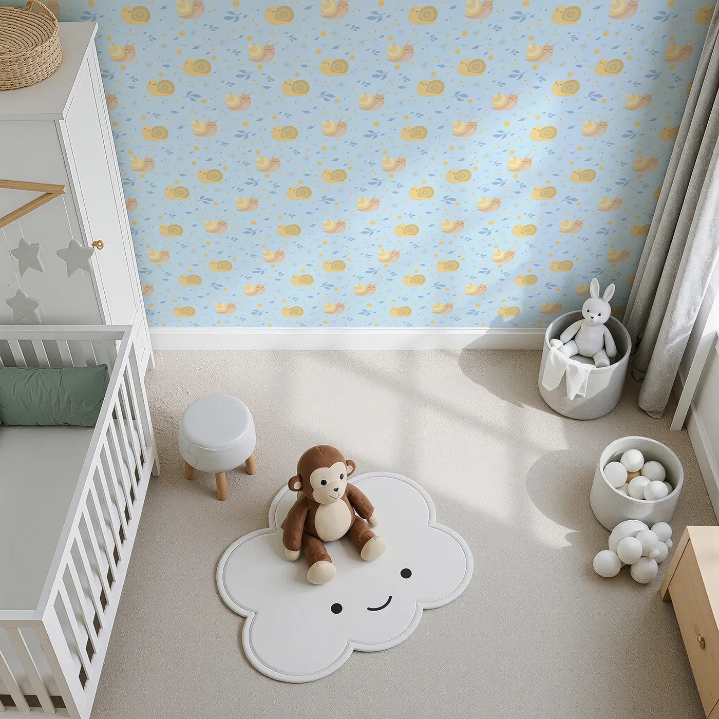 Top-Down view of Whimsy Tots' Snail Meadow Cuddle Parade Wallpaper in Sky Blue (W3170E).Cheerful snails float among flowers on a gentle blue breeze.