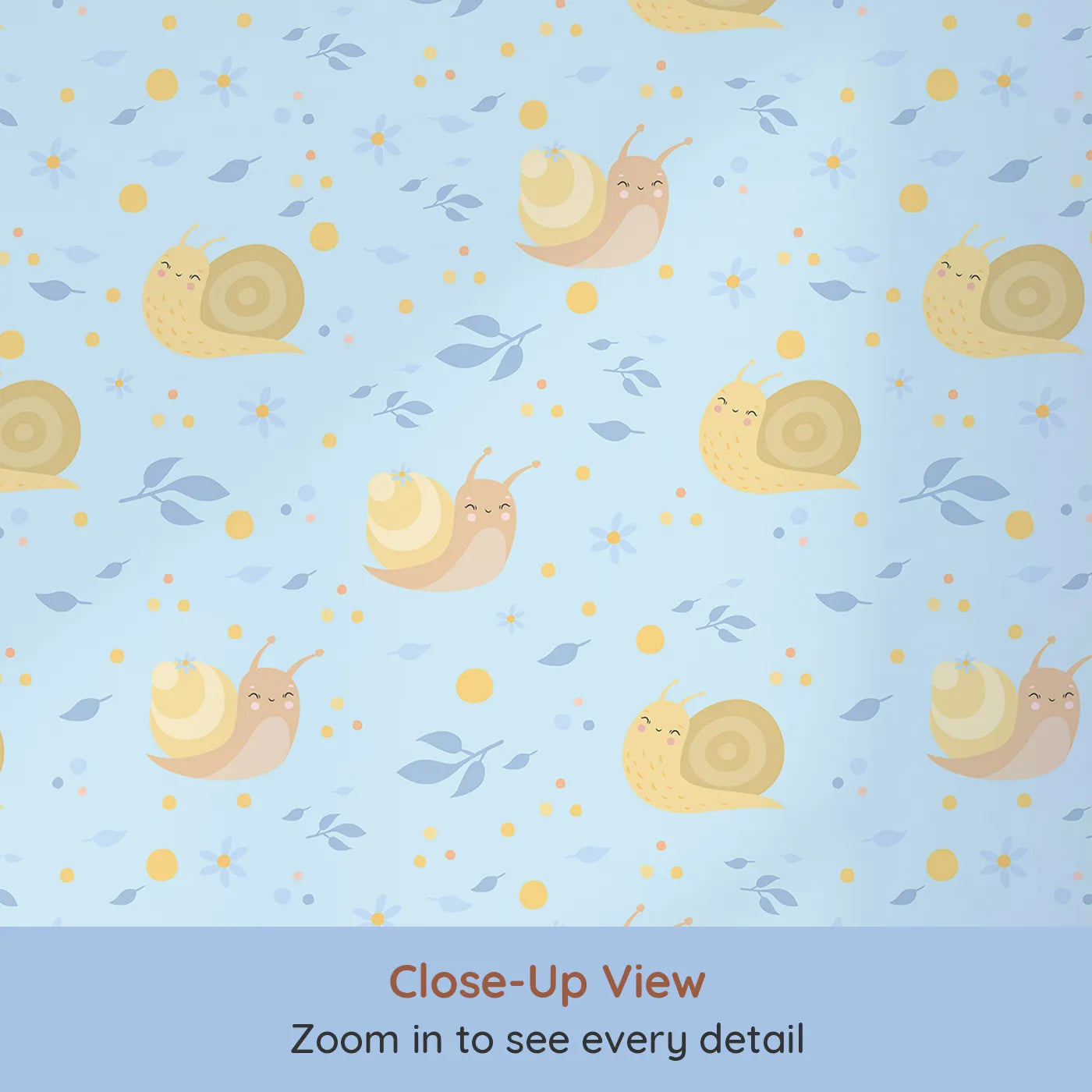 Close-up view of Whimsy Tots' Snail Meadow Cuddle Parade Wallpaper in Sky Blue (W3170E).Cheerful snails float among flowers on a gentle blue breeze.