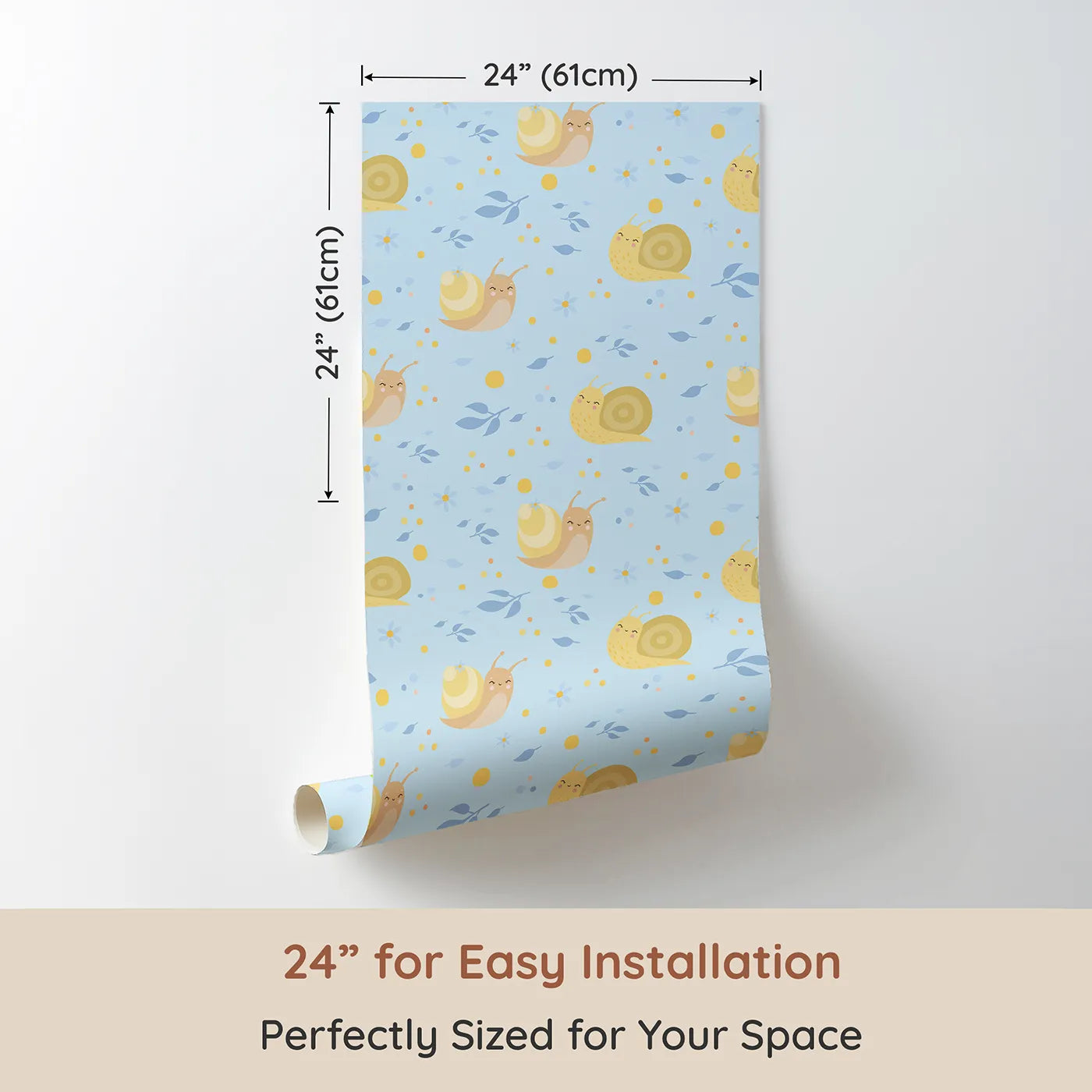 Dimension view of Whimsy Tots Snail Meadow Cuddle Parade Wallpaper in Sky Blue (W3170E). Printed in 24-inch-wide panel for easy installation. Cheerful snails float among flowers on a gentle blue breeze.
