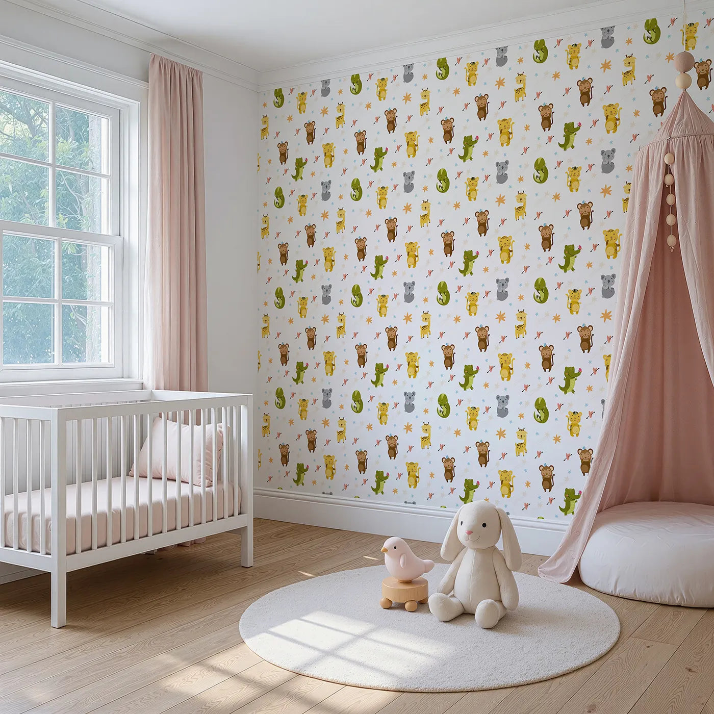 Angled view of Whimsy Tots' Wild Heart Animal Parade Wallpaper in White (W3171A).Joyful jungle friends and fluttering hearts dance across a bright white sky.