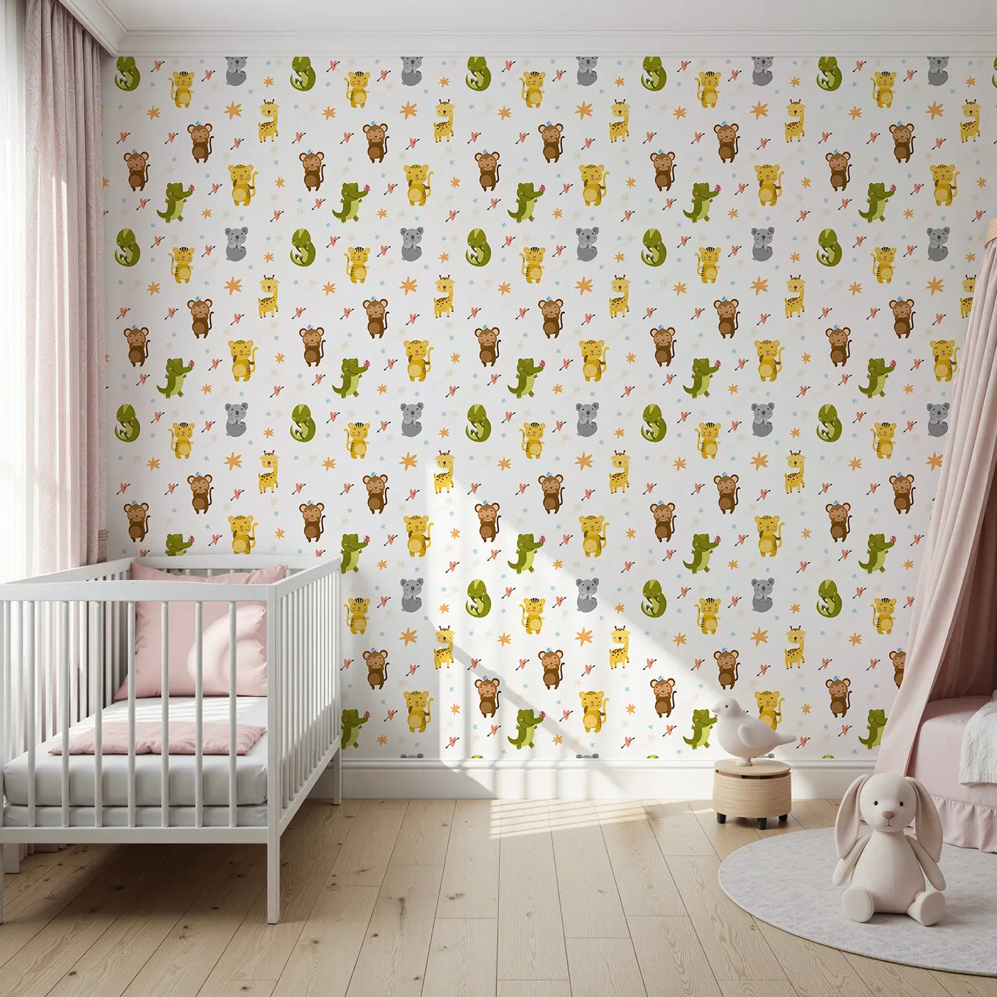 Front view of Whimsy Tots' Wild Heart Animal Parade Wallpaper in White
