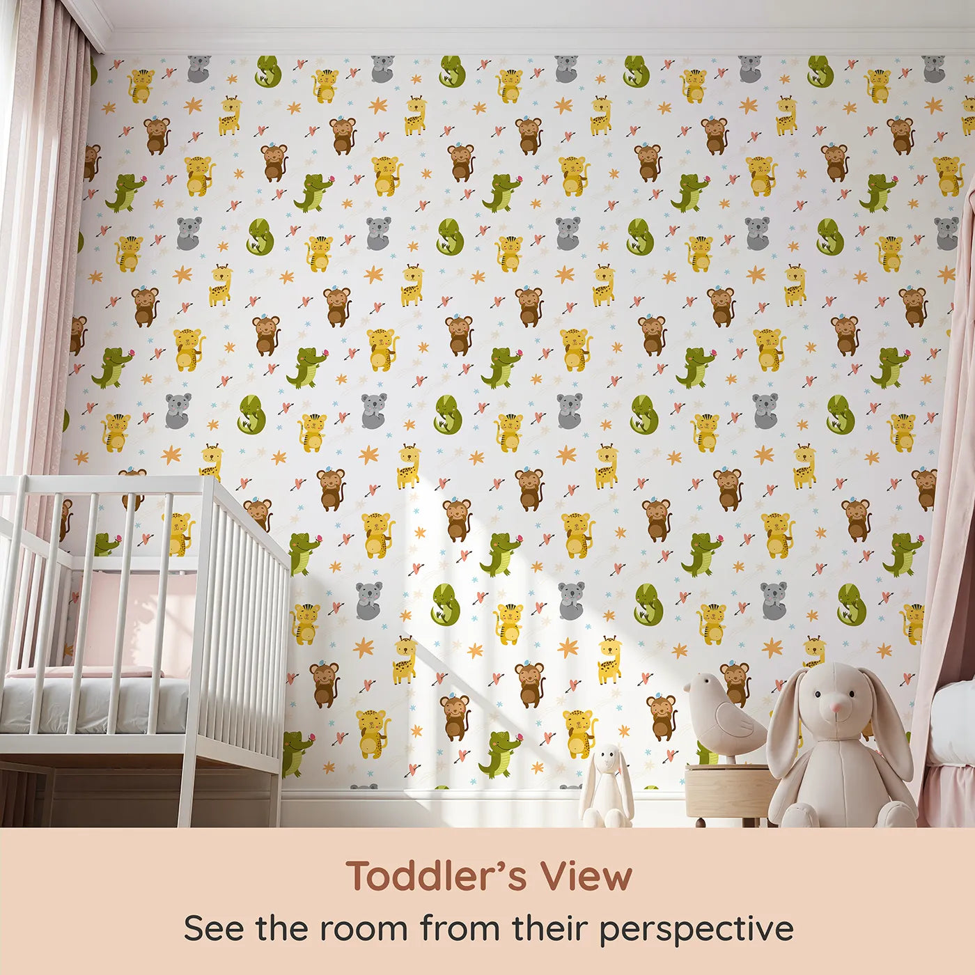 Whimsy Tots Wild Heart Animal Parade Wallpaper in White (W3171A) from your child's view.Joyful jungle friends and fluttering hearts dance across a bright white sky.