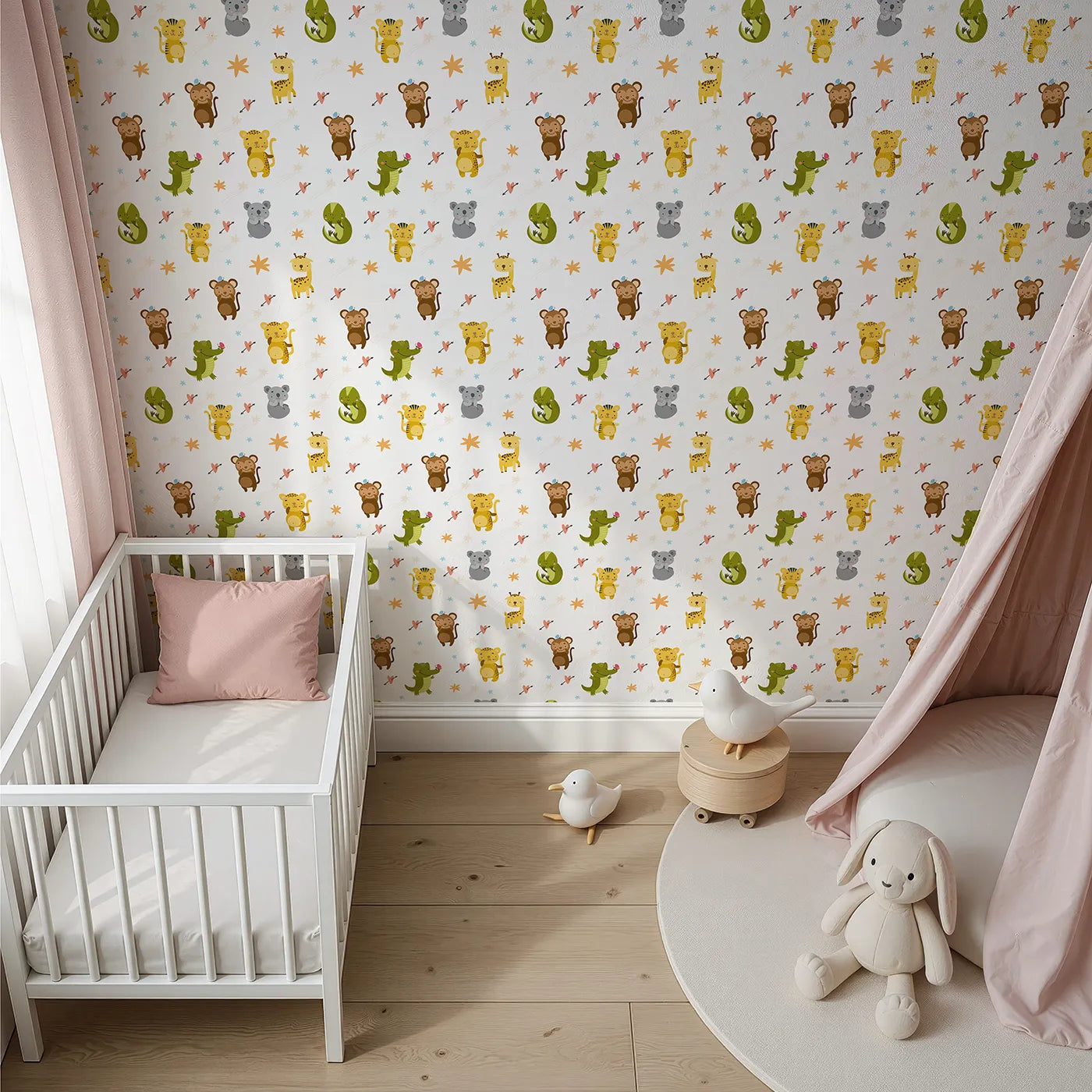 Top-Down view of Whimsy Tots' Wild Heart Animal Parade Wallpaper in White (W3171A).Joyful jungle friends and fluttering hearts dance across a bright white sky.