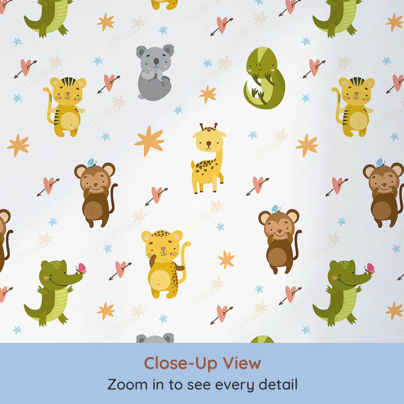 Close-up view of Whimsy Tots' Wild Heart Animal Parade Wallpaper in White (W3171A).Joyful jungle friends and fluttering hearts dance across a bright white sky.