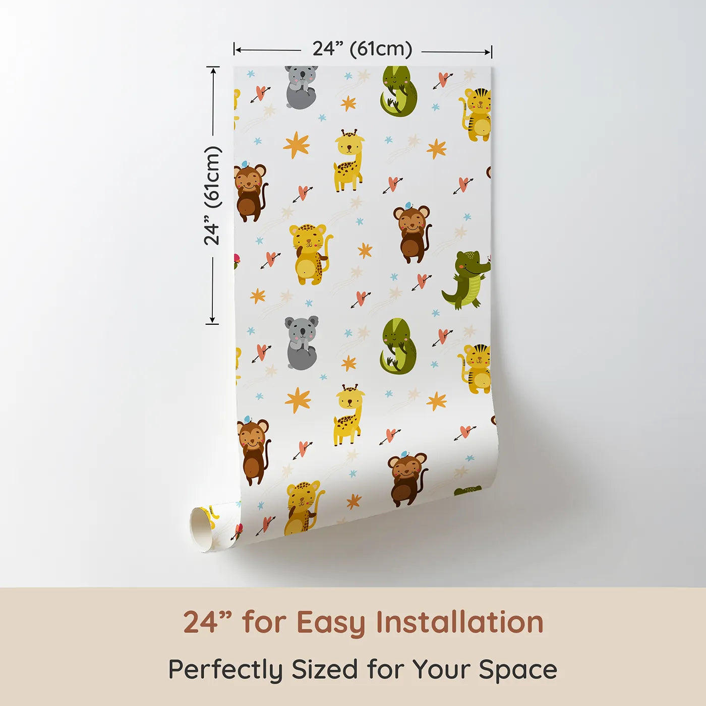 Dimension view of Whimsy Tots Wild Heart Animal Parade Wallpaper in White (W3171A). Printed in 24-inch-wide panel for easy installation. Joyful jungle friends and fluttering hearts dance across a bright white sky.