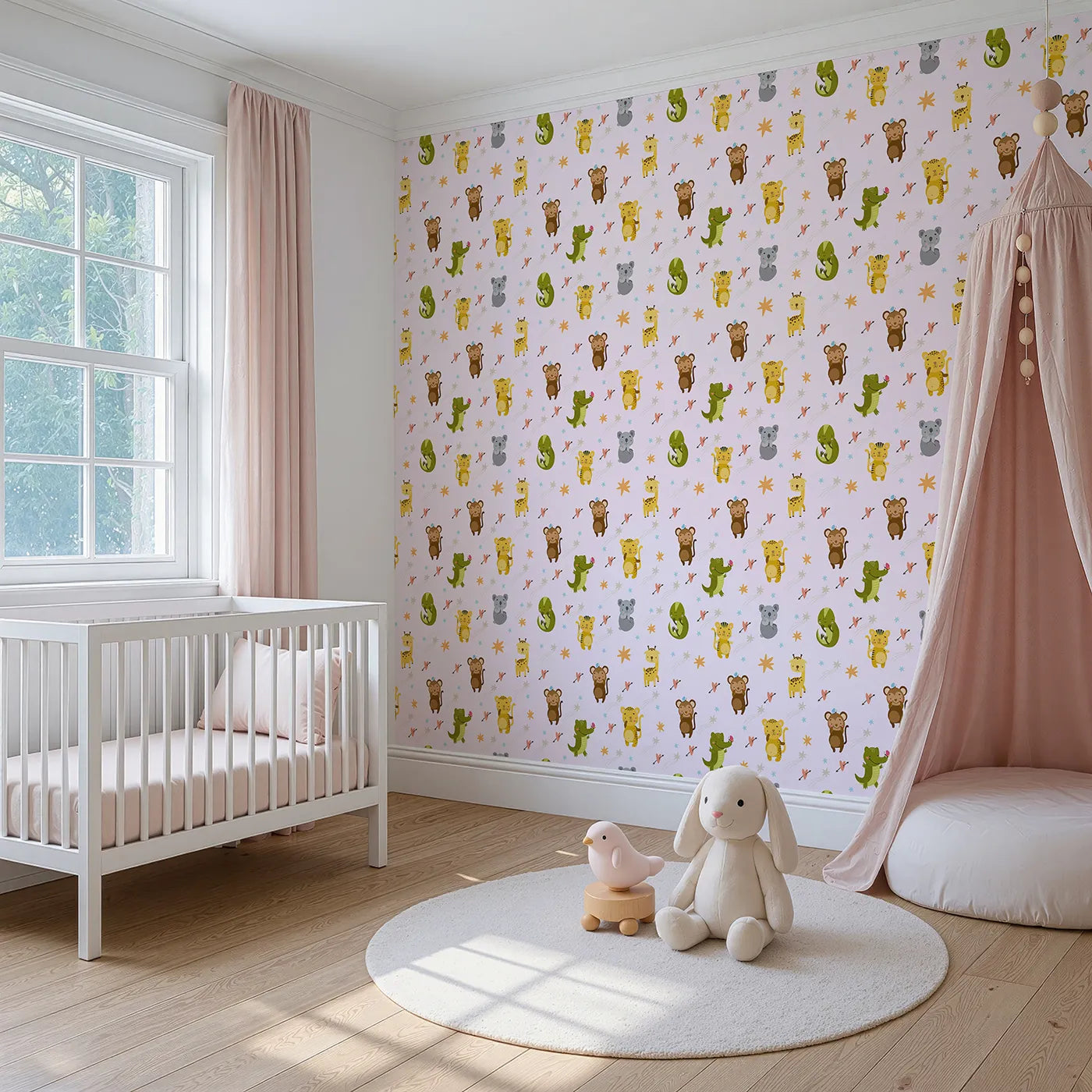 Angled view of Whimsy Tots' Wild Heart Animal Parade Wallpaper in Soft Lilac Lavender (W3171B).Jungle cuties and arrowed hearts play across a soft purple sky.
