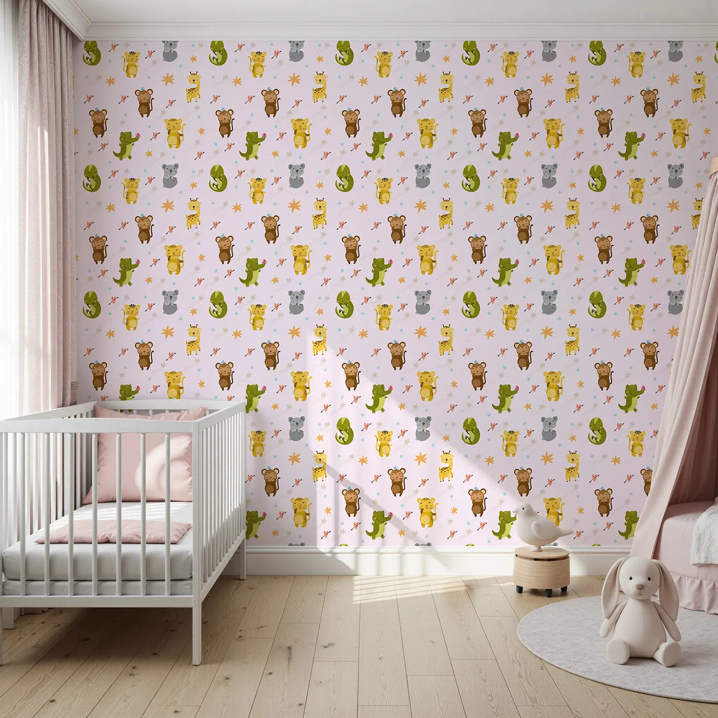 Front view of Whimsy Tots' Wild Heart Animal Parade Wallpaper in Soft Lilac Lavender