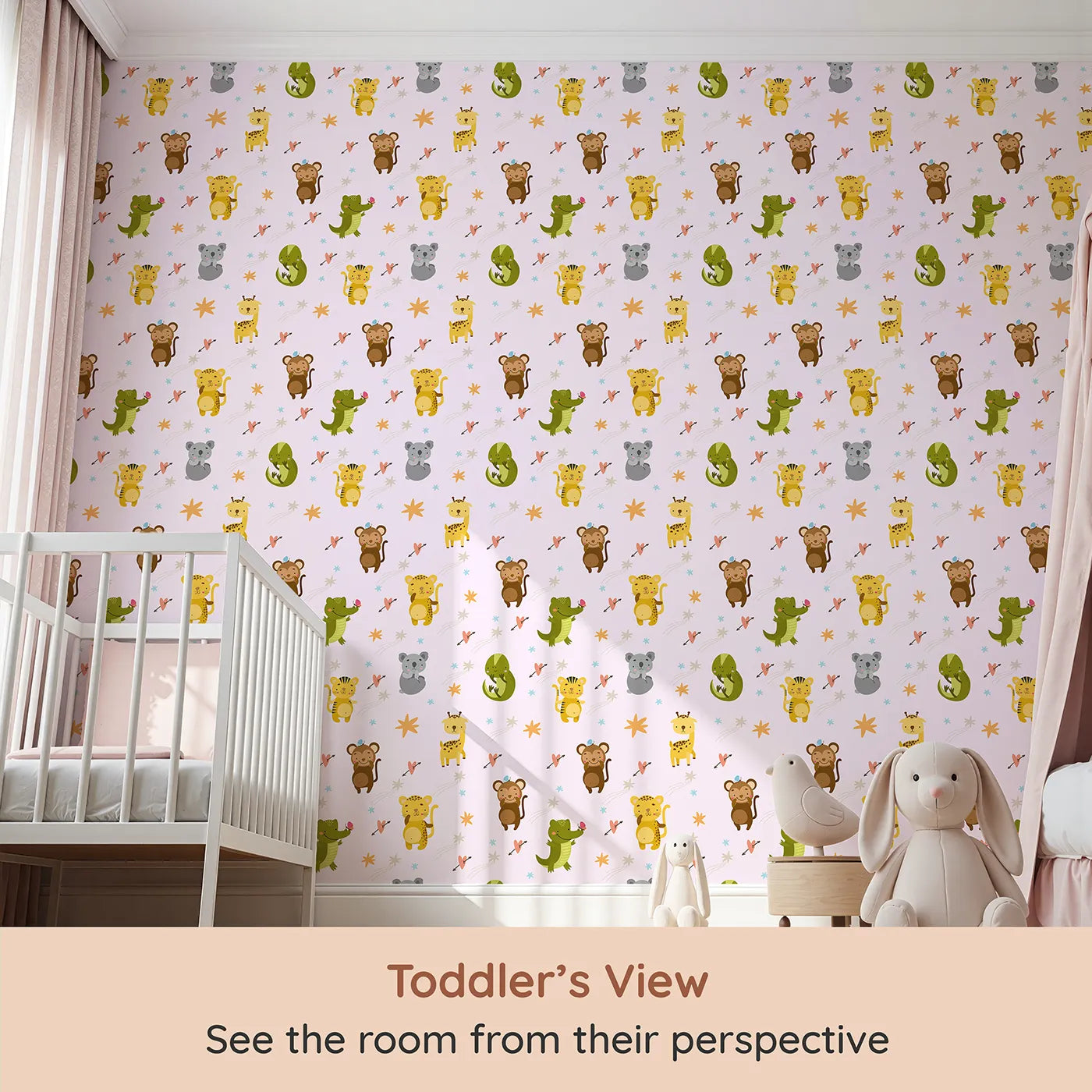 Whimsy Tots Wild Heart Animal Parade Wallpaper in Soft Lilac Lavender (W3171B) from your child's view.Jungle cuties and arrowed hearts play across a soft purple sky.