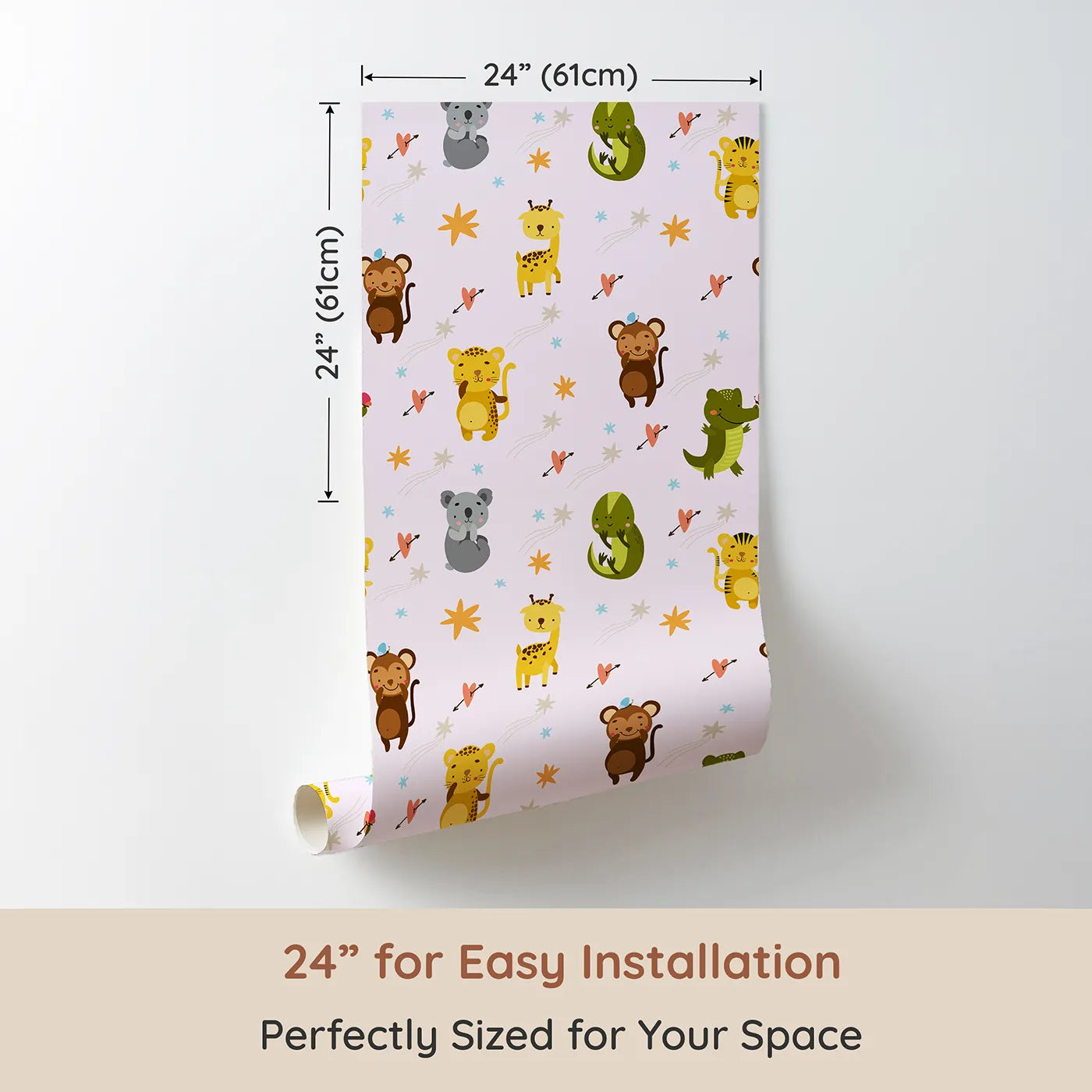 Dimension view of Whimsy Tots Wild Heart Animal Parade Wallpaper in Soft Lilac Lavender (W3171B). Printed in 24-inch-wide panel for easy installation. Jungle cuties and arrowed hearts play across a soft purple sky.