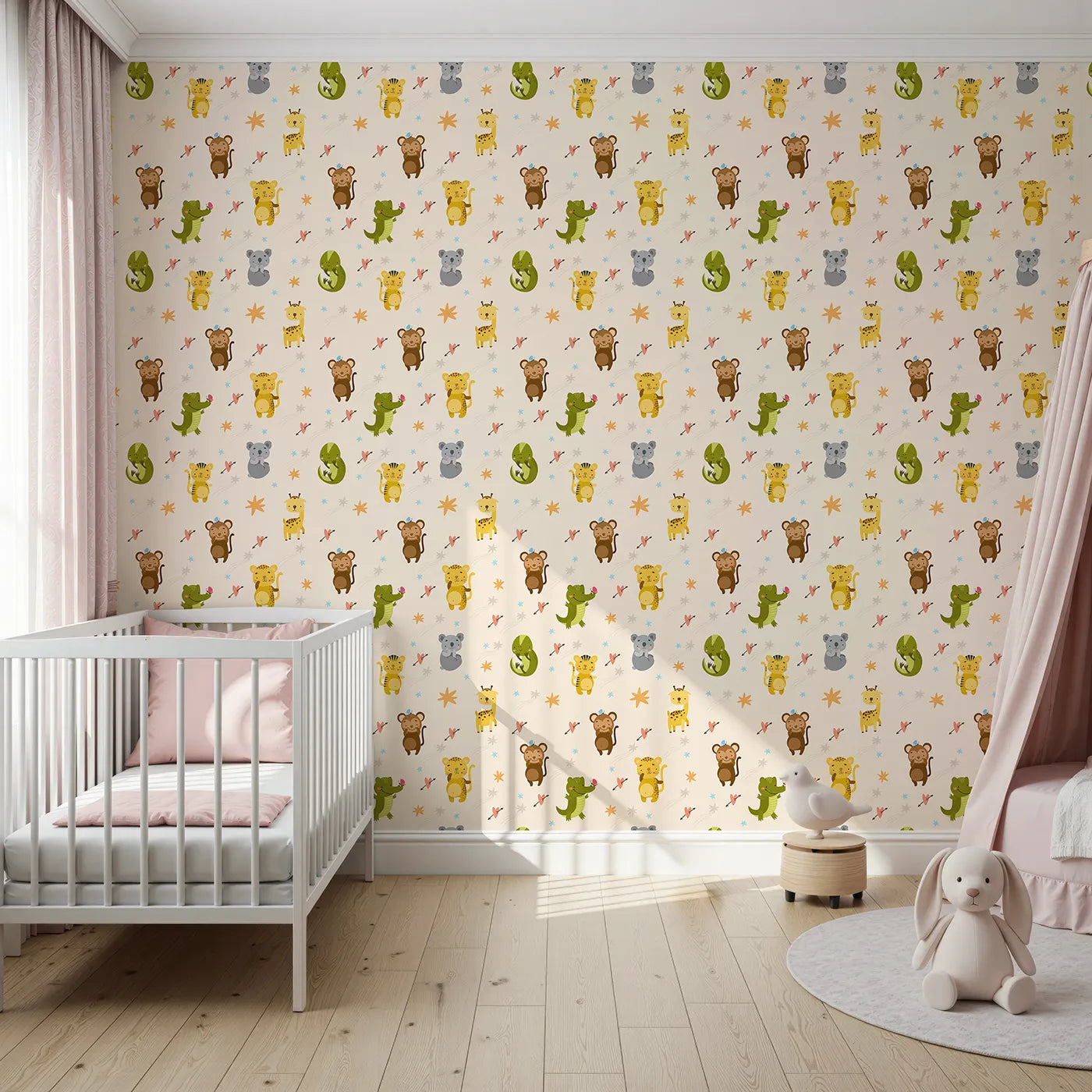 Front view of Whimsy Tots' Wild Heart Animal Parade Wallpaper in Cream