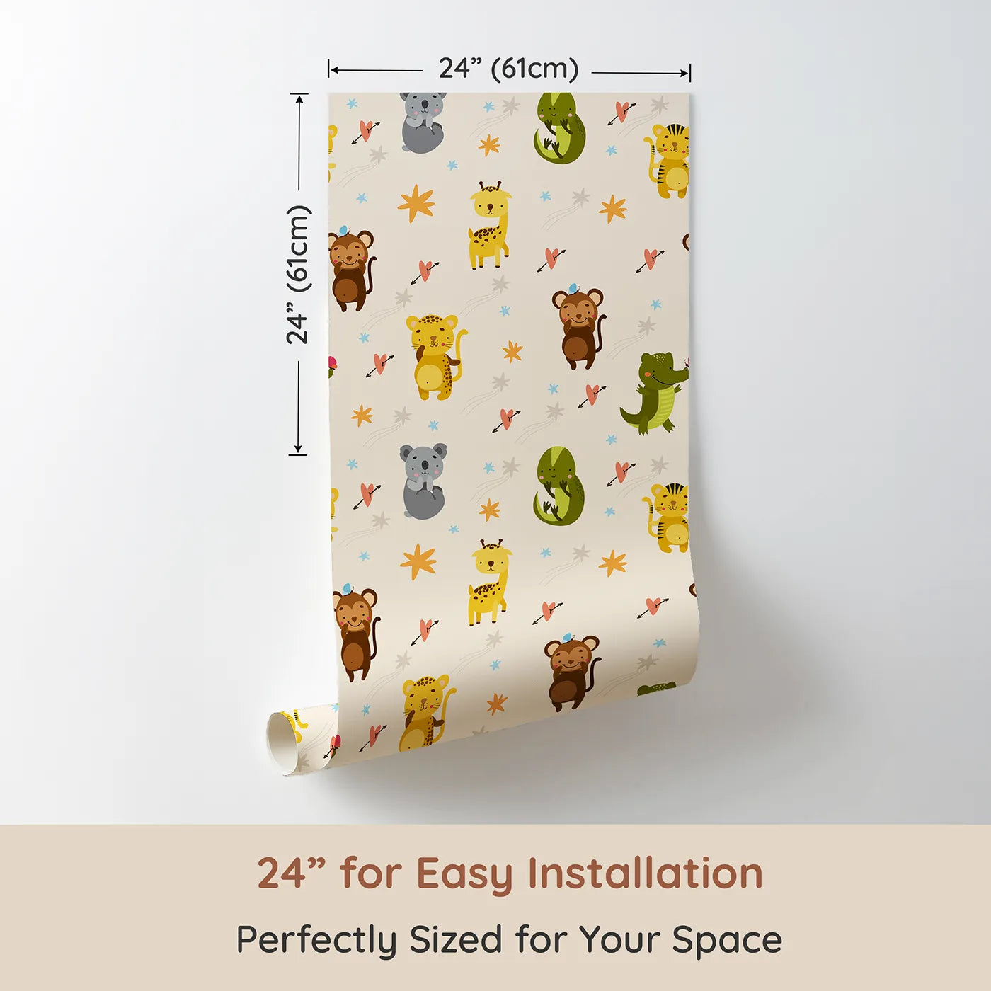 Dimension view of Whimsy Tots Wild Heart Animal Parade Wallpaper in Cream (W3171C). Printed in 24-inch-wide panel for easy installation. Smiling animals and flying hearts gather under a gentle cream sky.