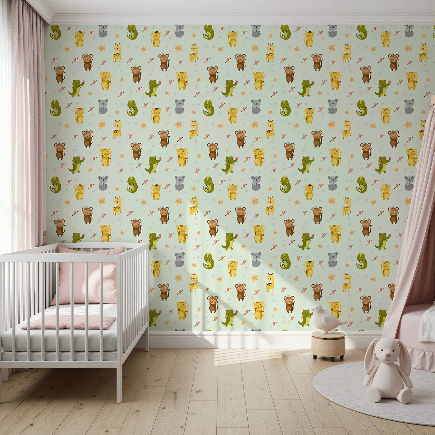 Front view of Whimsy Tots' Wild Heart Animal Parade Wallpaper in Mint Green