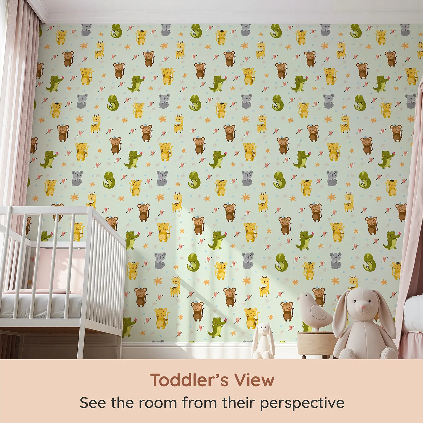 Whimsy Tots Wild Heart Animal Parade Wallpaper in Mint Green (W3171D) from your child's view.Jungle animals and floating hearts explore a playful minty green world.