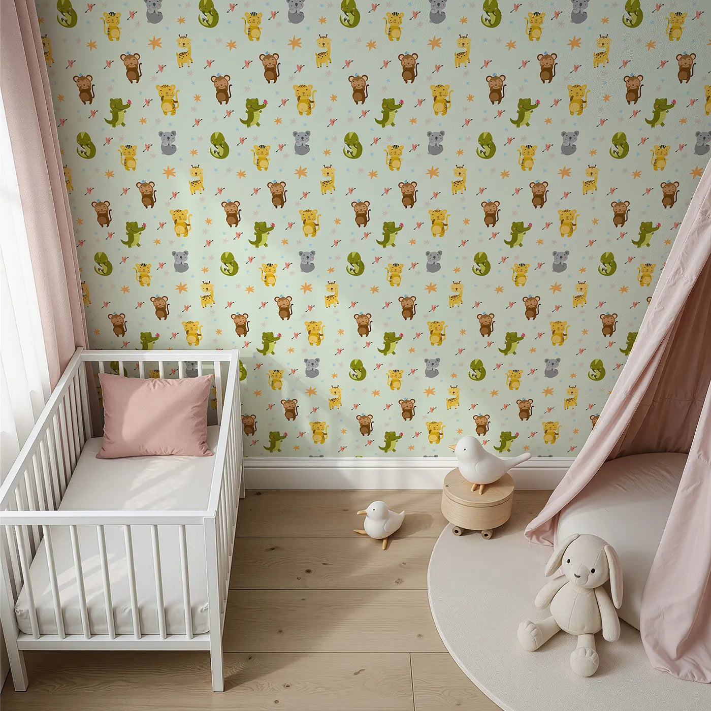 Top-Down view of Whimsy Tots' Wild Heart Animal Parade Wallpaper in Mint Green (W3171D).Jungle animals and floating hearts explore a playful minty green world.