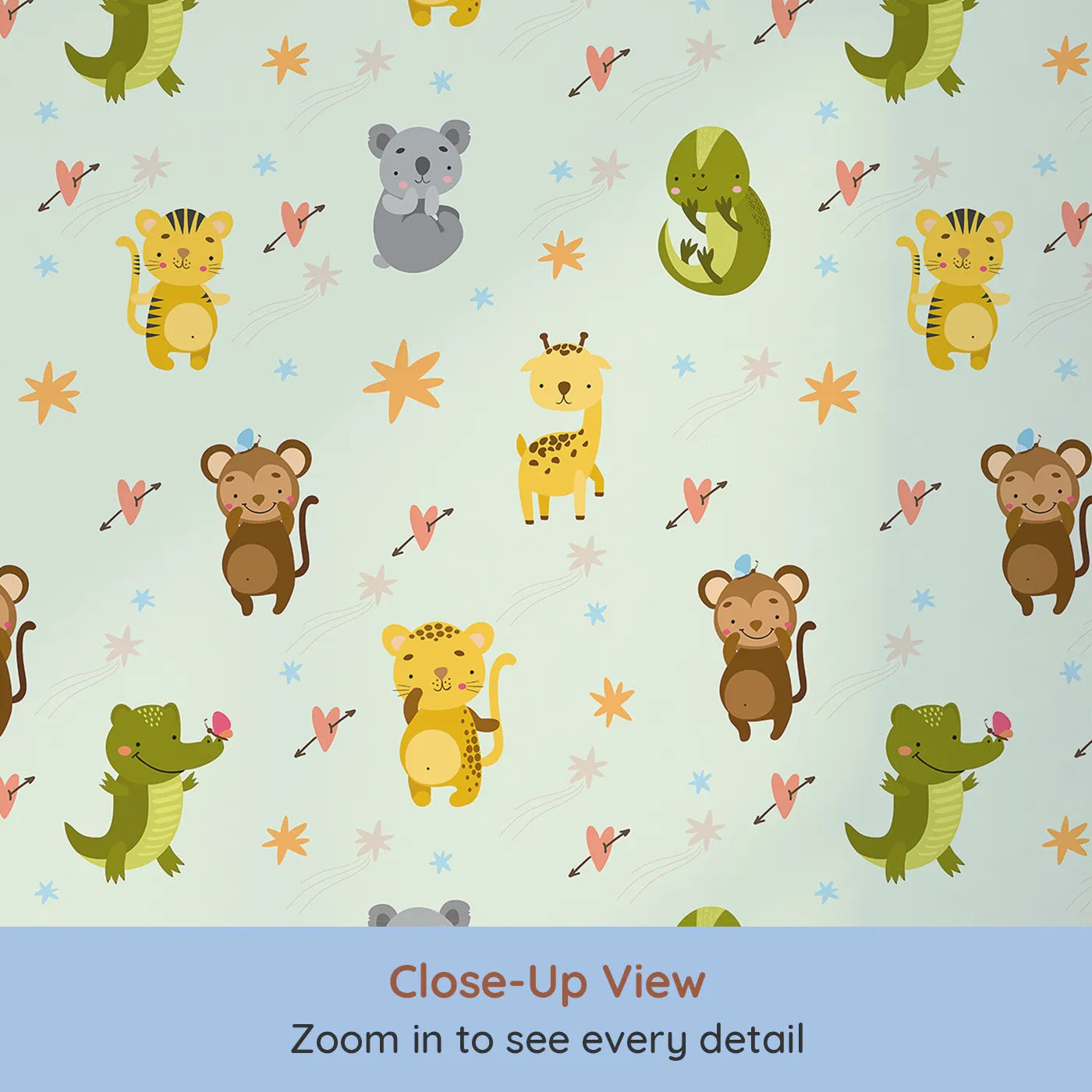 Close-up view of Whimsy Tots' Wild Heart Animal Parade Wallpaper in Mint Green (W3171D).Jungle animals and floating hearts explore a playful minty green world.