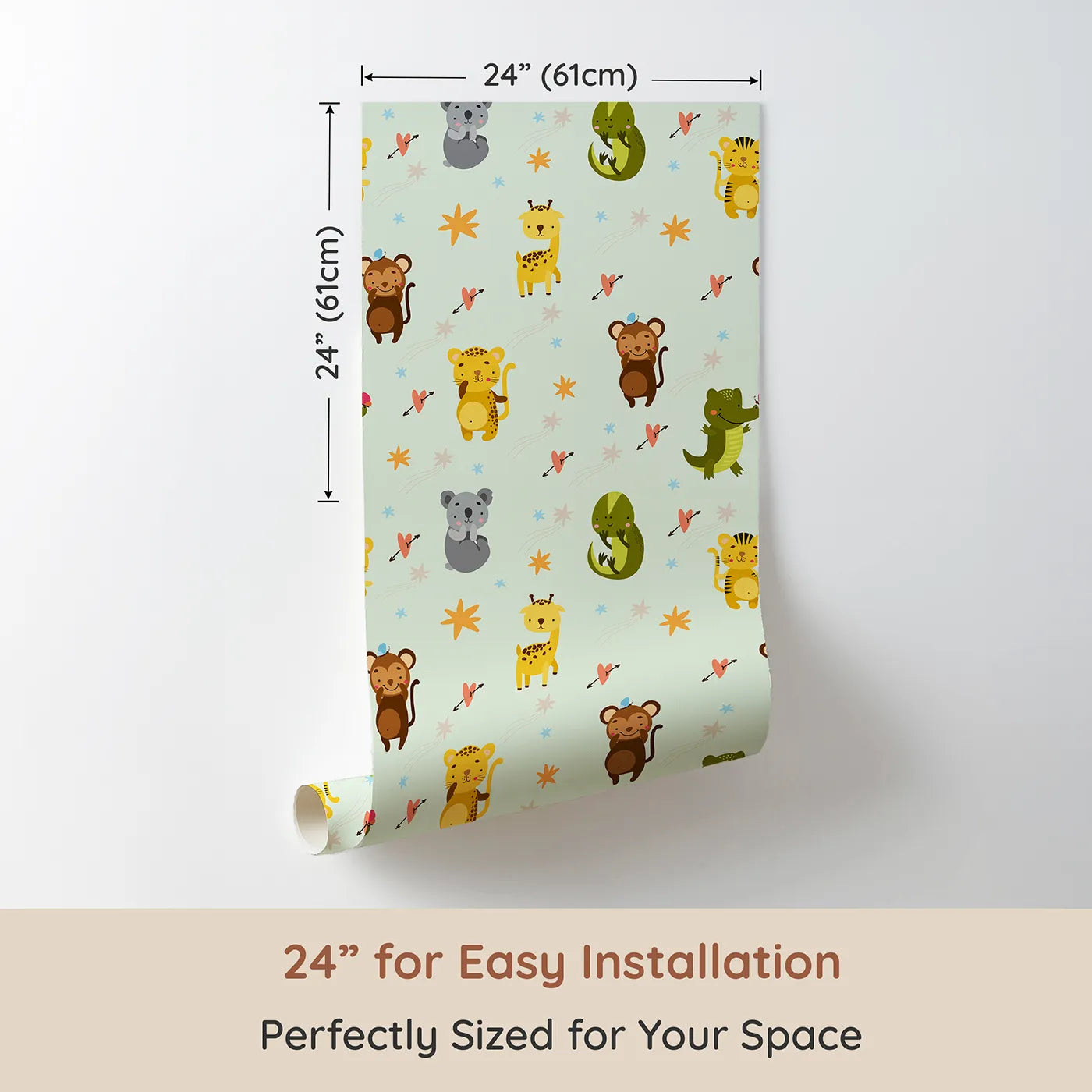 Dimension view of Whimsy Tots Wild Heart Animal Parade Wallpaper in Mint Green (W3171D). Printed in 24-inch-wide panel for easy installation. Jungle animals and floating hearts explore a playful minty green world.