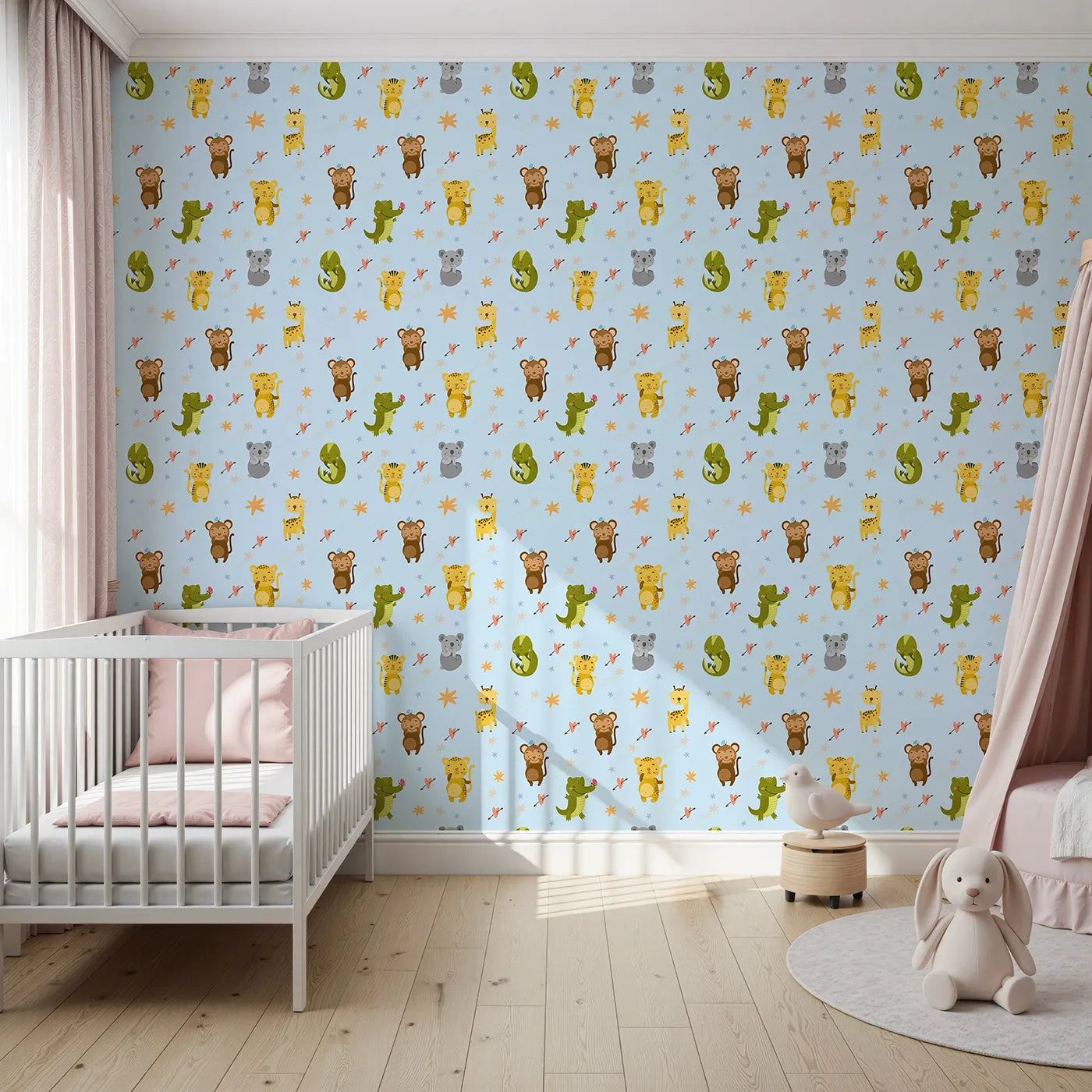Front view of Whimsy Tots' Wild Heart Animal Parade Wallpaper in Sky Blue