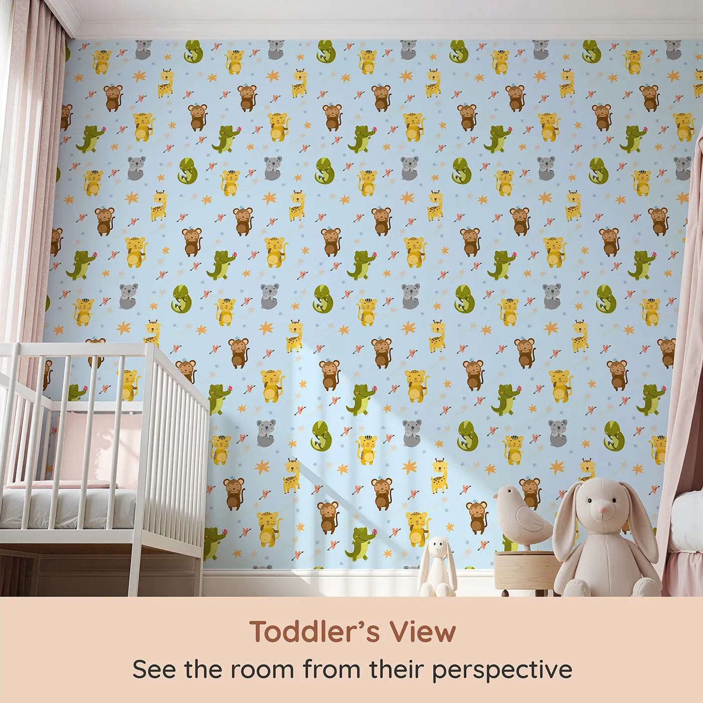 Whimsy Tots Wild Heart Animal Parade Wallpaper in Sky Blue (W3171E) from your child's view.Happy jungle animals and flying hearts float through a bright blue day.