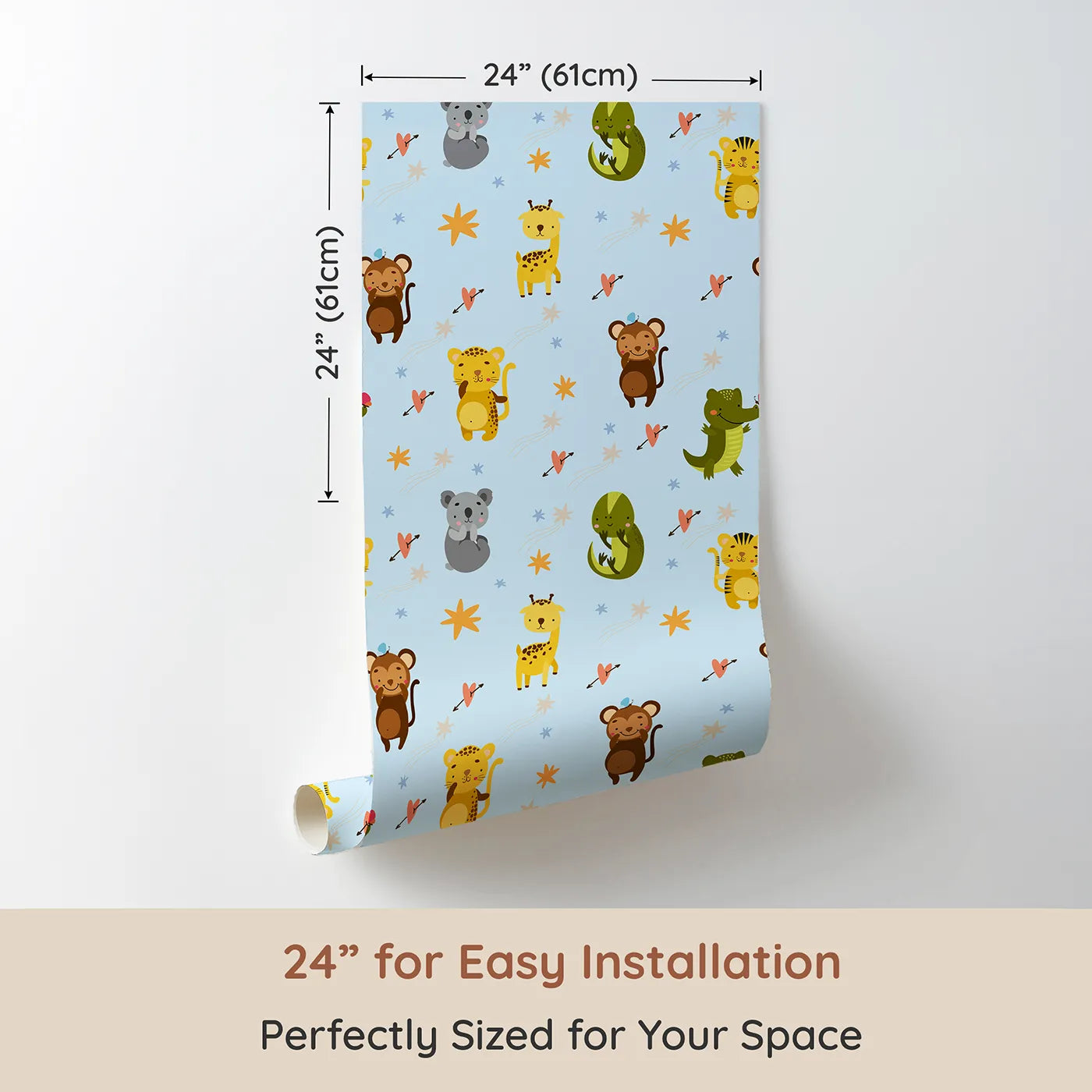 Dimension view of Whimsy Tots Wild Heart Animal Parade Wallpaper in Sky Blue (W3171E). Printed in 24-inch-wide panel for easy installation. Happy jungle animals and flying hearts float through a bright blue day.