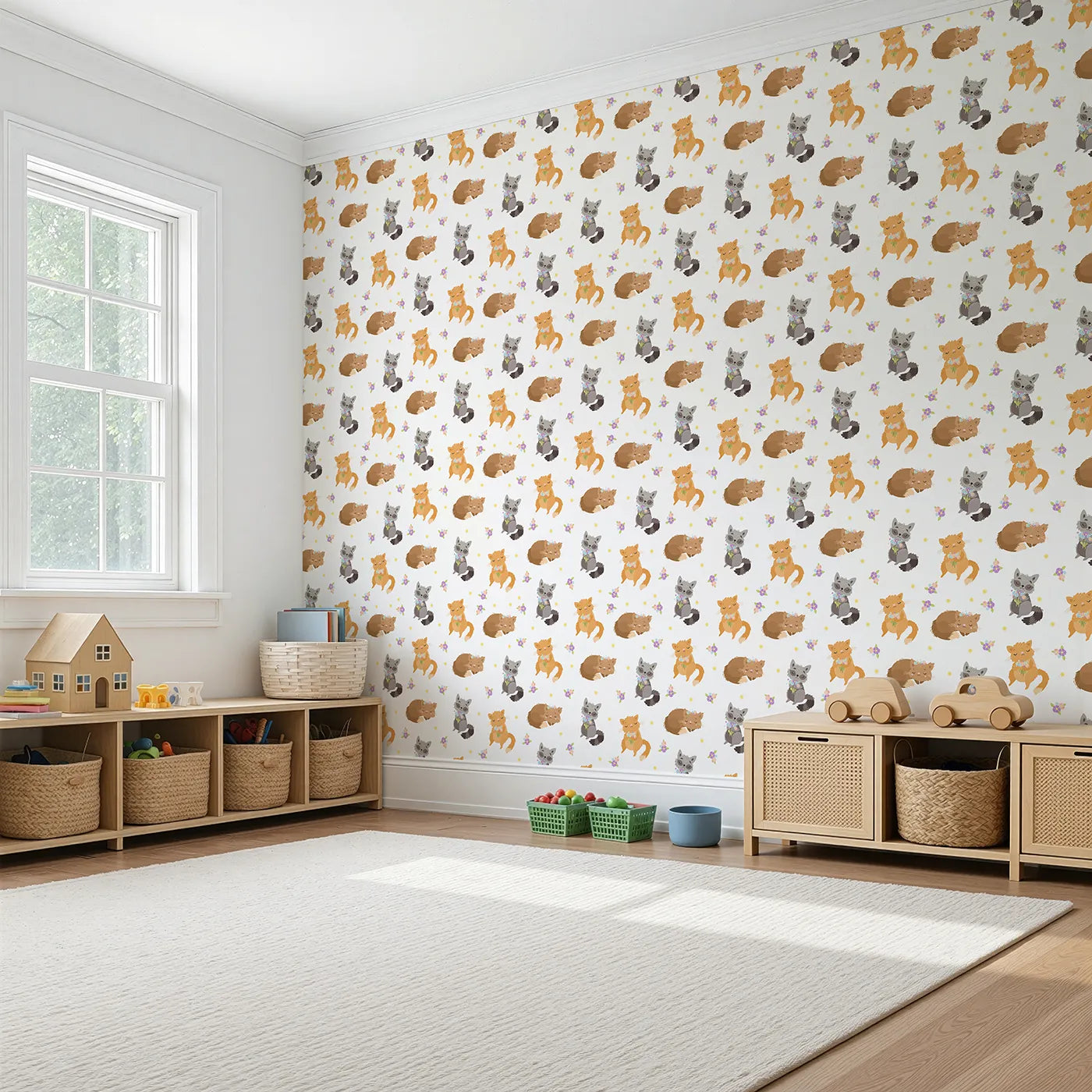 Angled view of Whimsy Tots' Blossom Fox Nap Parade Wallpaper in White (W3172A).Peaceful foxes and sweet blooms nap under a petal-soft sky.