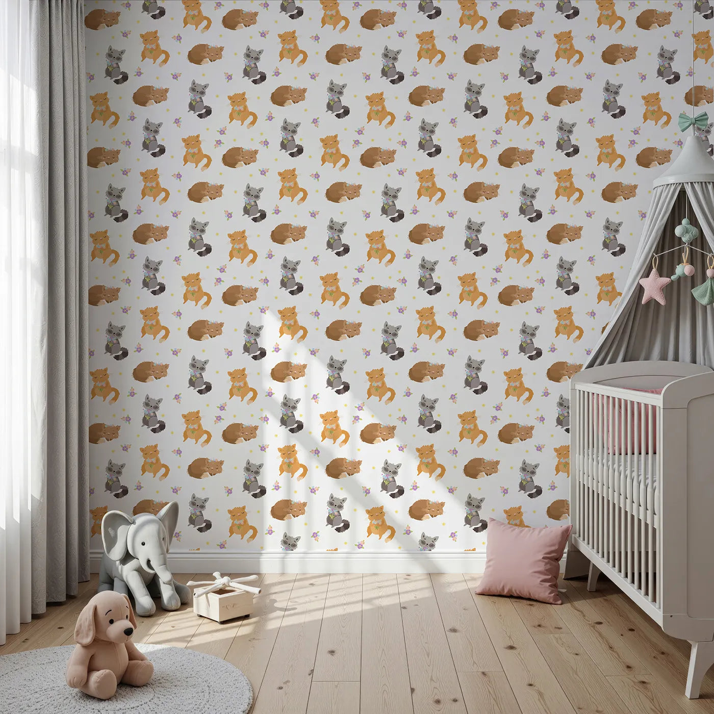 Front view of Whimsy Tots' Blossom Fox Nap Parade Wallpaper in White