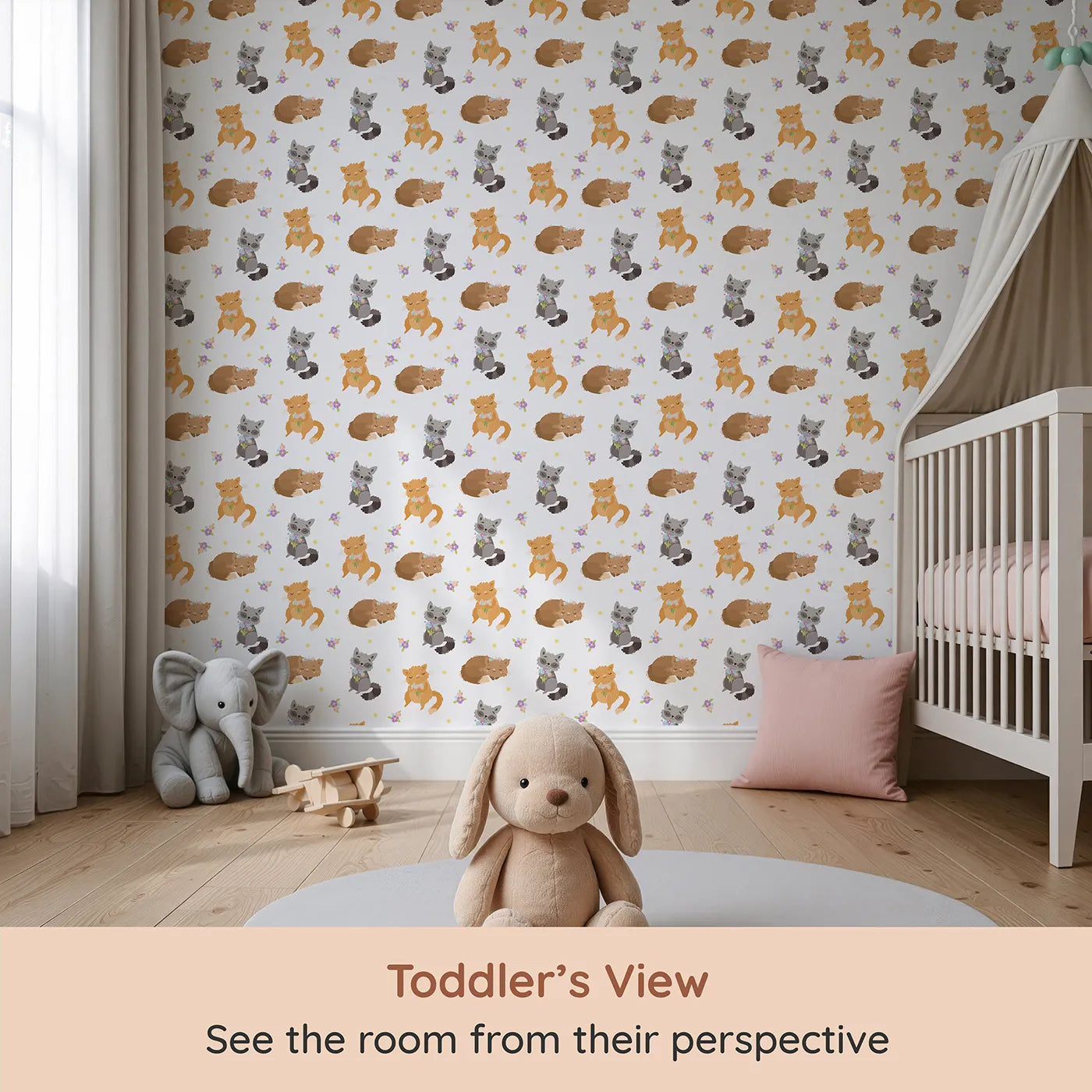 Whimsy Tots Blossom Fox Nap Parade Wallpaper in White (W3172A) from your child's view.Peaceful foxes and sweet blooms nap under a petal-soft sky.