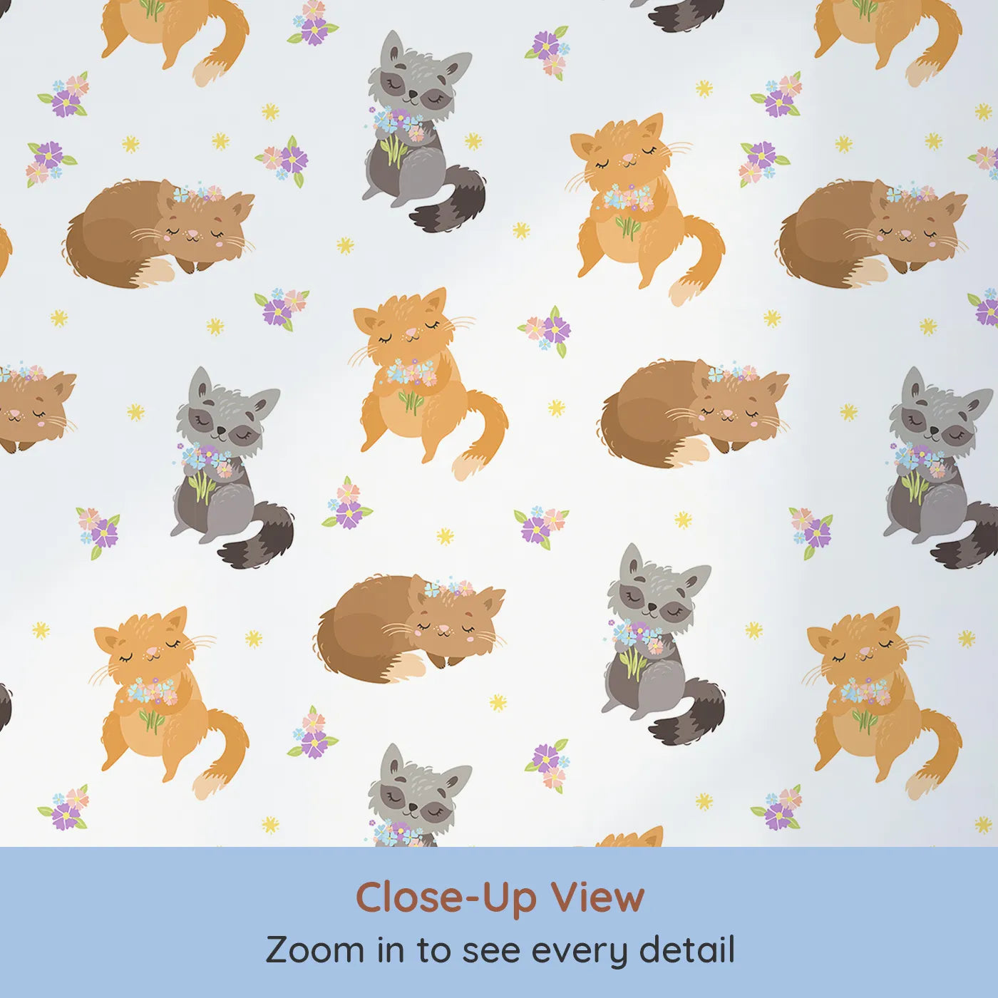 Close-up view of Whimsy Tots' Blossom Fox Nap Parade Wallpaper in White (W3172A).Peaceful foxes and sweet blooms nap under a petal-soft sky.