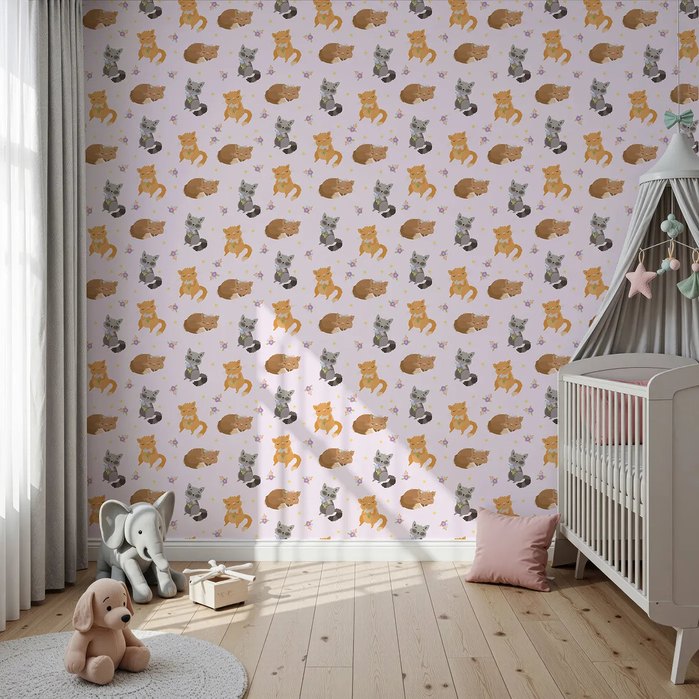 Front view of Whimsy Tots' Blossom Fox Nap Parade Wallpaper in Blush Pink
