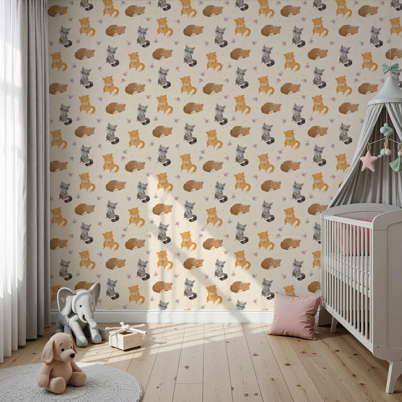 Front view of Whimsy Tots' Blossom Fox Nap Parade Wallpaper in Cream
