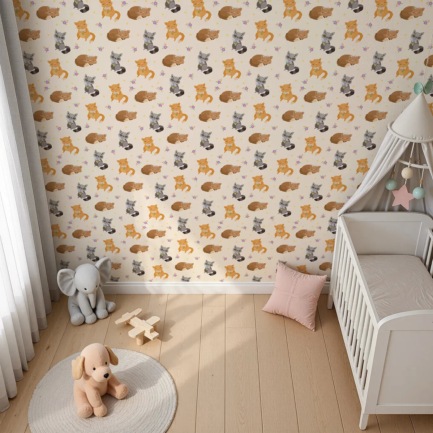 Top-Down view of Whimsy Tots' Blossom Fox Nap Parade Wallpaper in Cream (W3172C).Foxes nap and cuddle bouquets under a warm creamy sky.