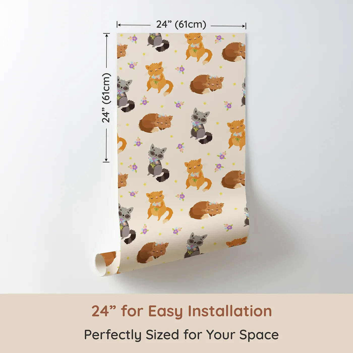 Dimension view of Whimsy Tots Blossom Fox Nap Parade Wallpaper in Cream (W3172C). Printed in 24-inch-wide panel for easy installation. Foxes nap and cuddle bouquets under a warm creamy sky.