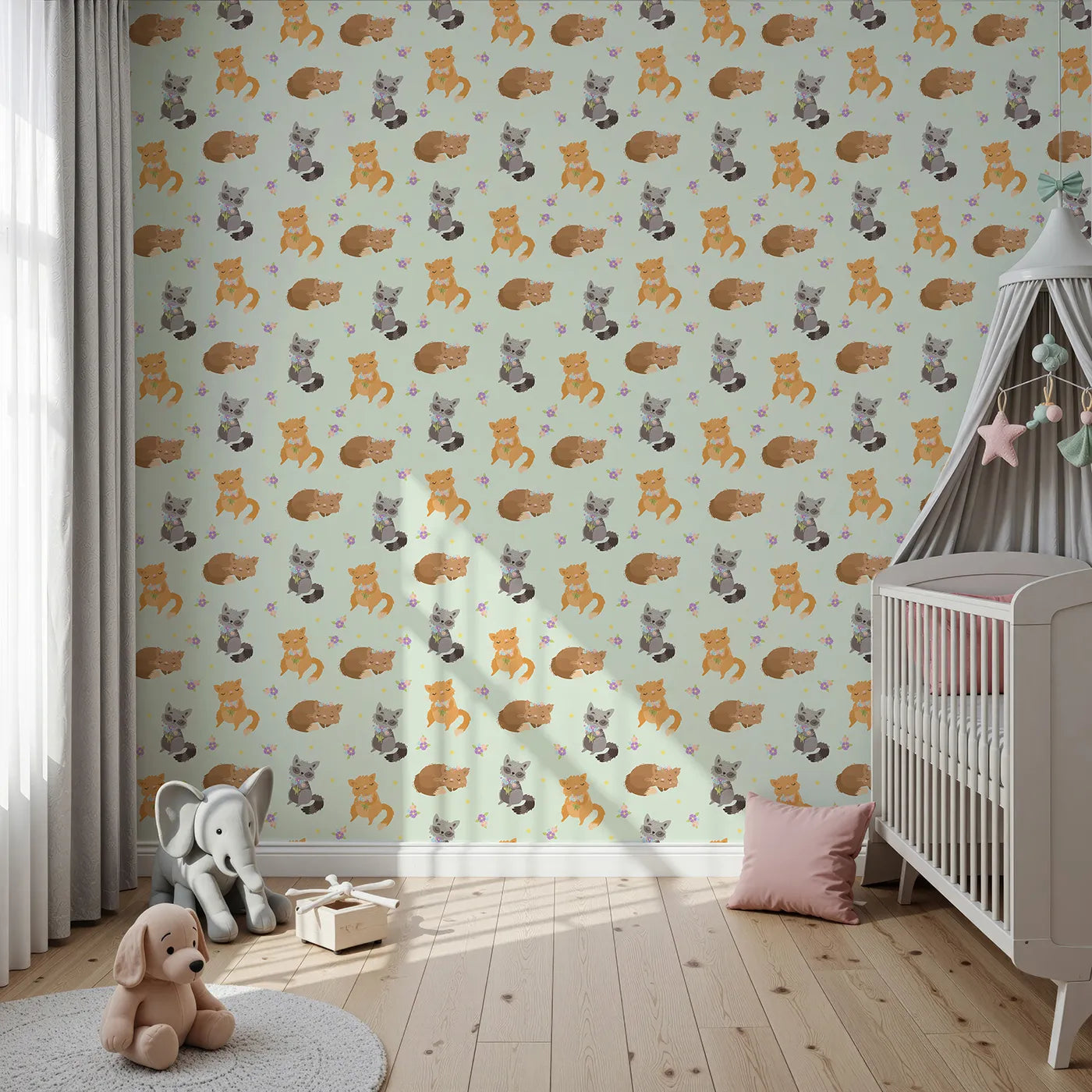 Front view of Whimsy Tots' Blossom Fox Nap Parade Wallpaper in Mint Green