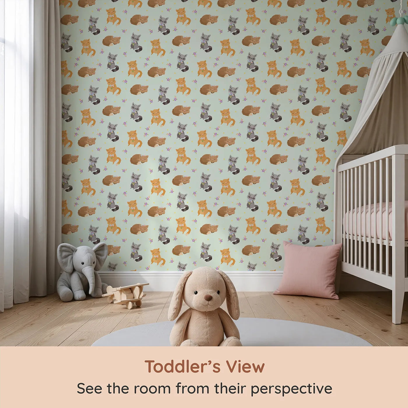 Whimsy Tots Blossom Fox Nap Parade Wallpaper in Mint Green (W3172D) from your child's view.Snuggling foxes and pastel petals wander through a minty meadow.