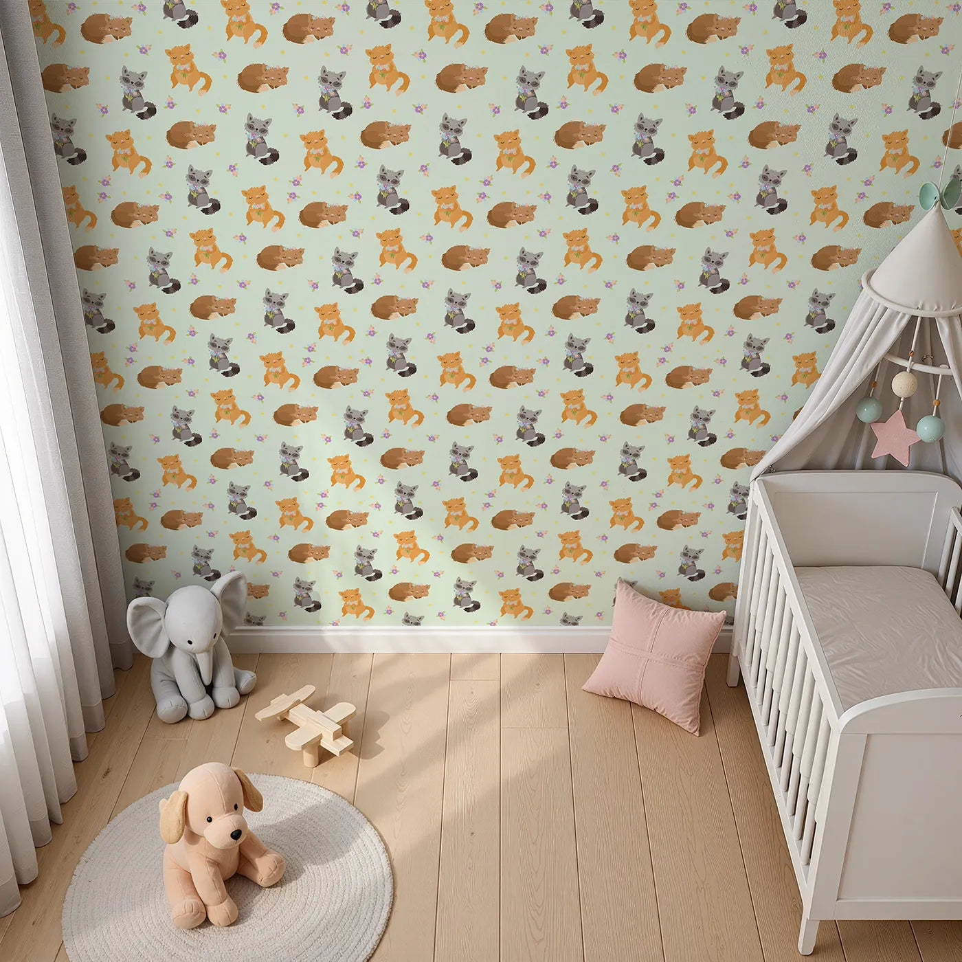 Top-Down view of Whimsy Tots' Blossom Fox Nap Parade Wallpaper in Mint Green (W3172D).Snuggling foxes and pastel petals wander through a minty meadow.