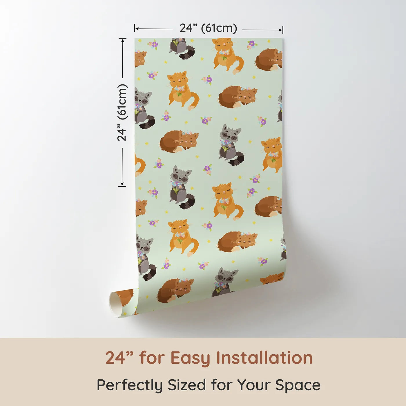 Dimension view of Whimsy Tots Blossom Fox Nap Parade Wallpaper in Mint Green (W3172D). Printed in 24-inch-wide panel for easy installation. Snuggling foxes and pastel petals wander through a minty meadow.