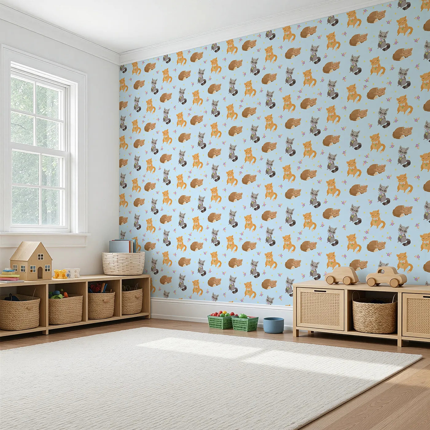 Angled view of Whimsy Tots' Blossom Fox Nap Parade Wallpaper in Sky Blue (W3172E).Foxes and flowers float peacefully across a soft blue sky.