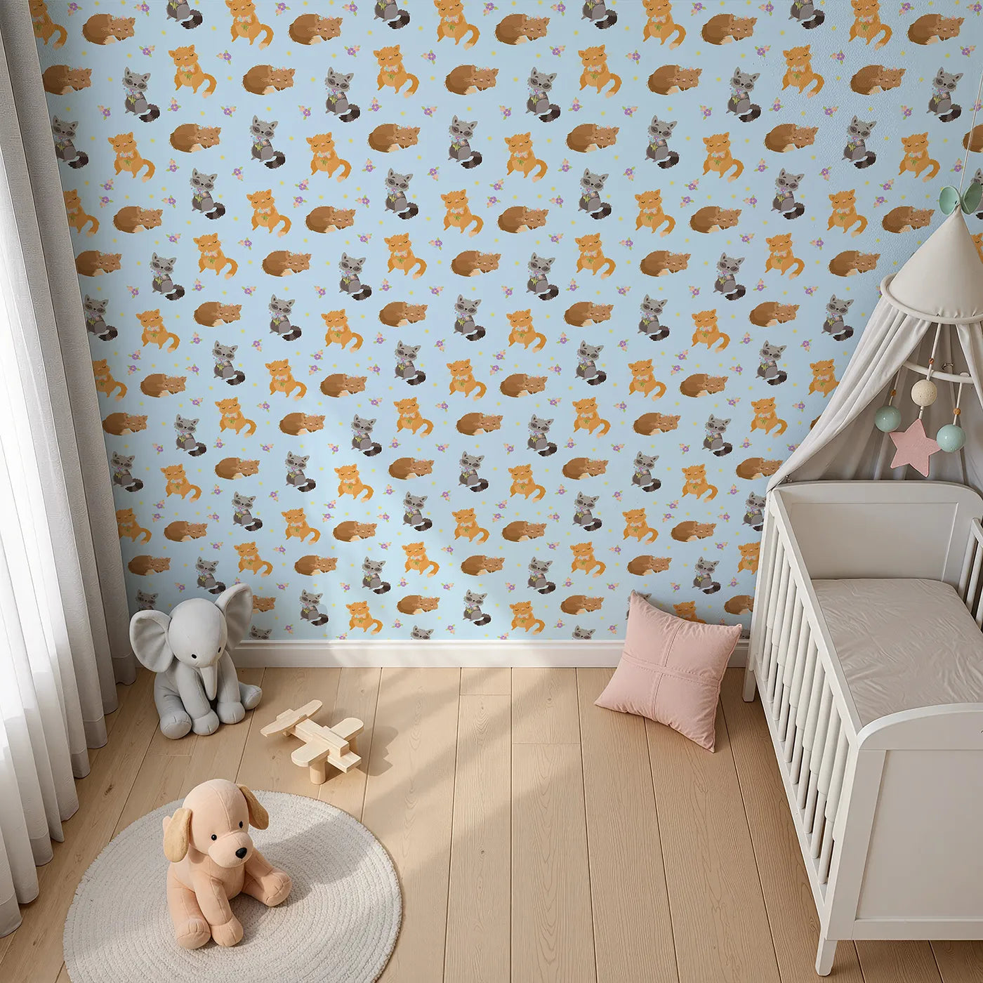 Top-Down view of Whimsy Tots' Blossom Fox Nap Parade Wallpaper in Sky Blue (W3172E).Foxes and flowers float peacefully across a soft blue sky.