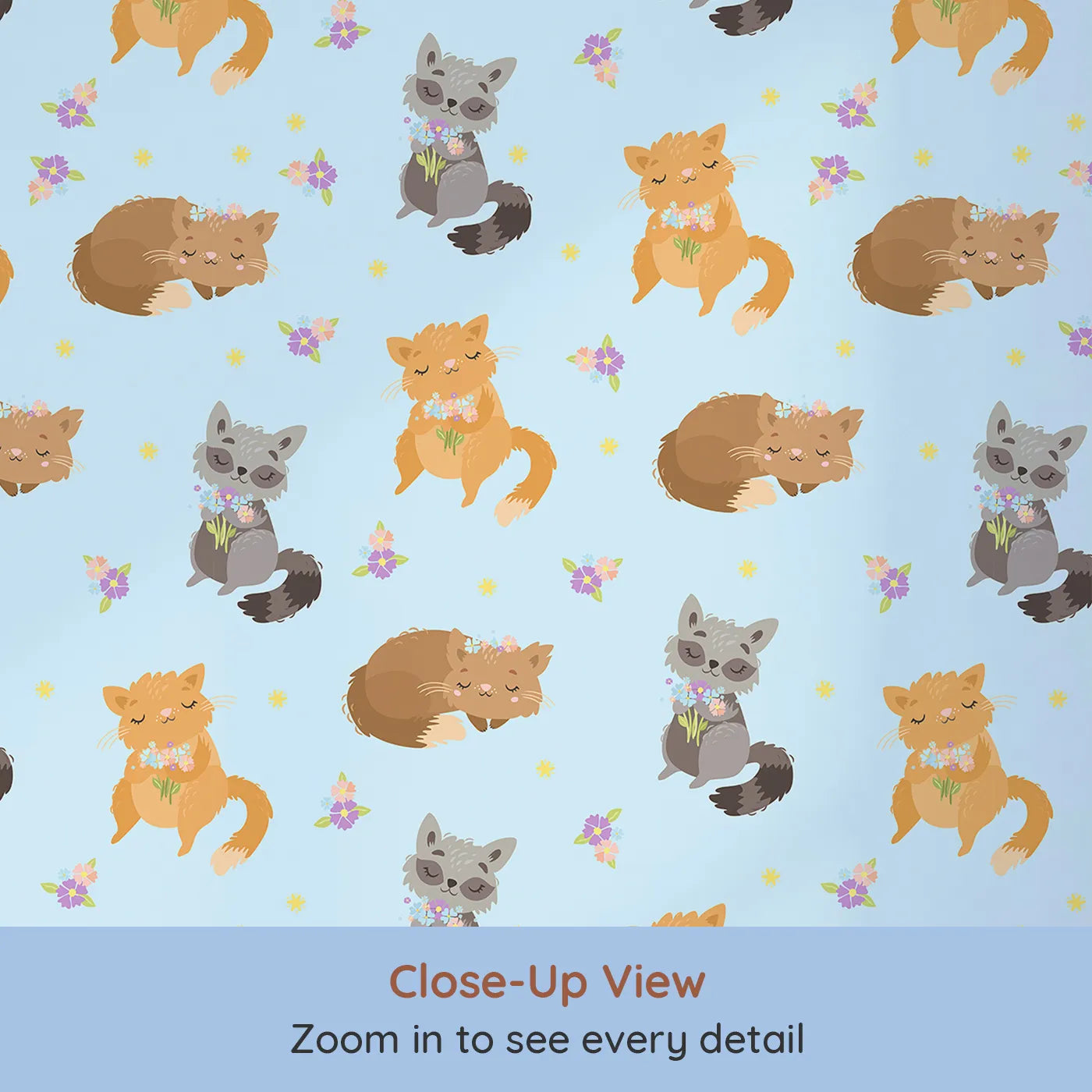 Close-up view of Whimsy Tots' Blossom Fox Nap Parade Wallpaper in Sky Blue (W3172E).Foxes and flowers float peacefully across a soft blue sky.