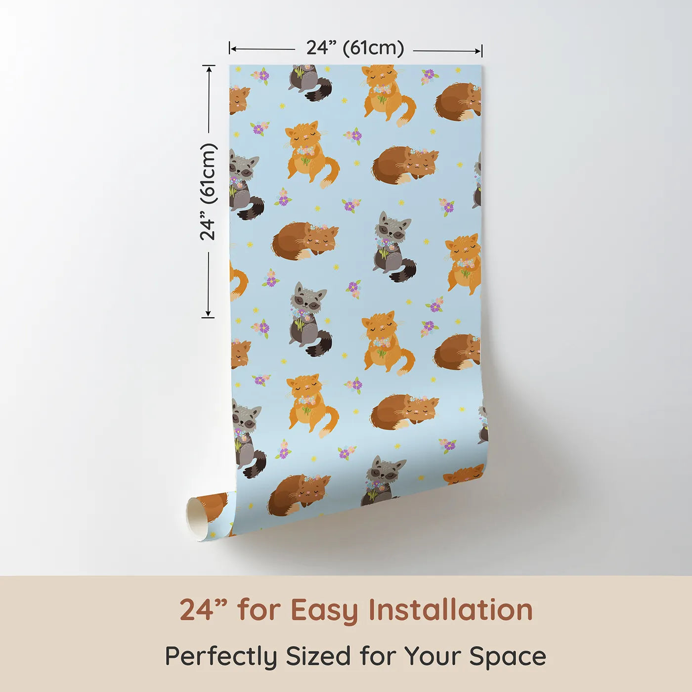 Dimension view of Whimsy Tots Blossom Fox Nap Parade Wallpaper in Sky Blue (W3172E). Printed in 24-inch-wide panel for easy installation. Foxes and flowers float peacefully across a soft blue sky.