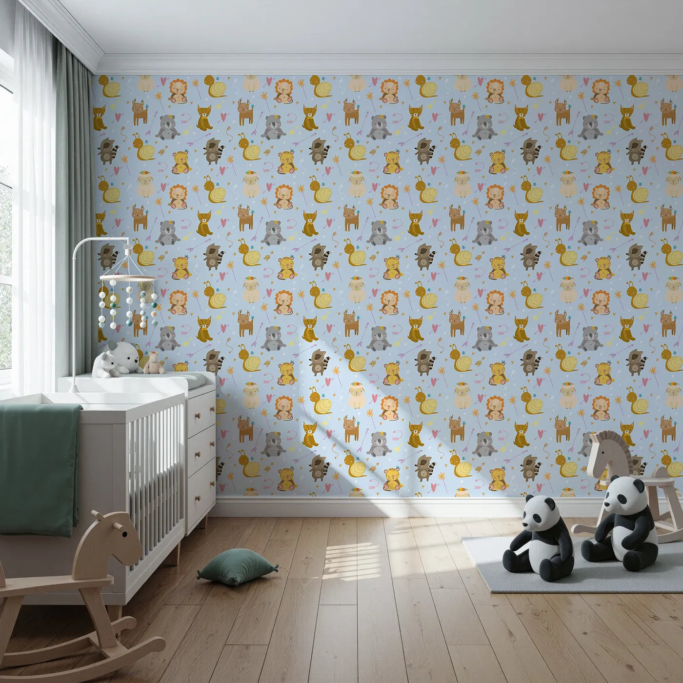 Front view of Whimsy Tots' Magic Meadow Friends Wallpaper in Sky Blue