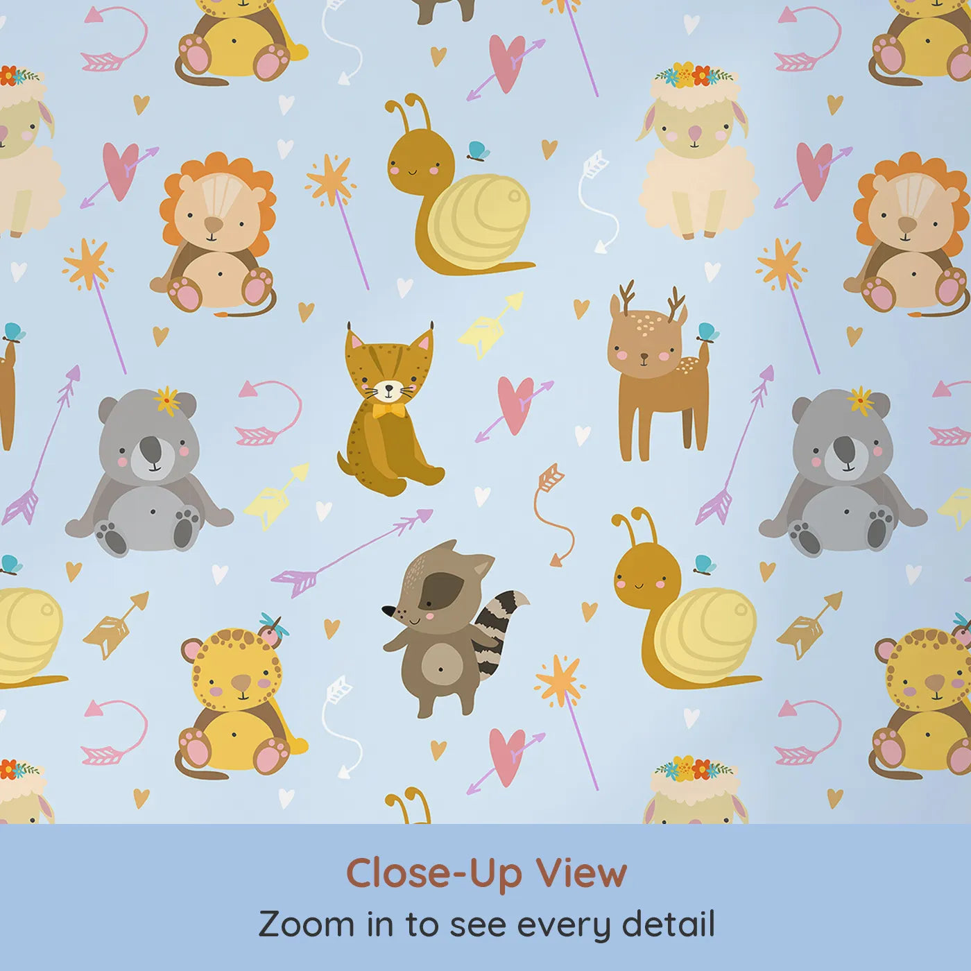 Close-up view of Whimsy Tots' Magic Meadow Friends Wallpaper in Sky Blue (W3173A).Snails, deer, and forest friends play under heart-tipped arrows and sparkles.