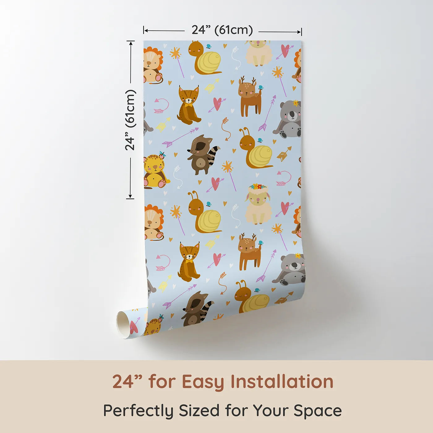 Dimension view of Whimsy Tots Magic Meadow Friends Wallpaper in Sky Blue (W3173A). Printed in 24-inch-wide panel for easy installation. Snails, deer, and forest friends play under heart-tipped arrows and sparkles.