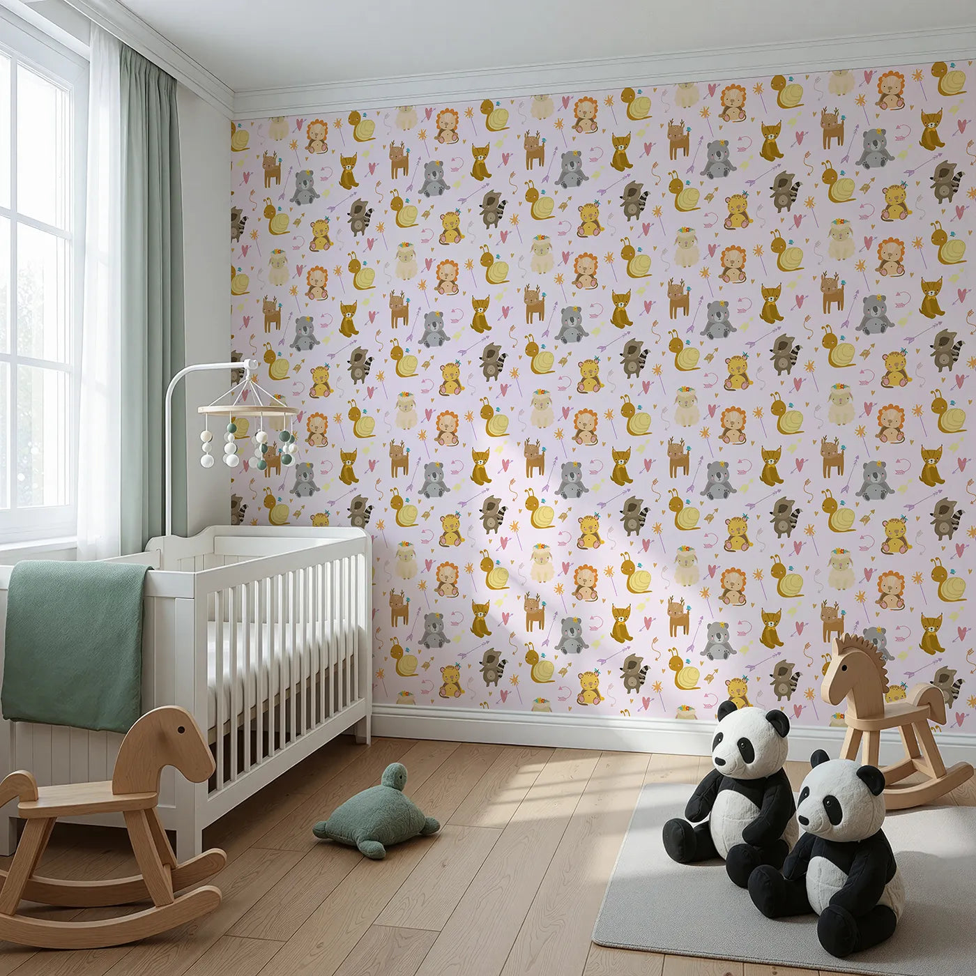 Angled view of Whimsy Tots' Magic Meadow Friends Wallpaper in Blush Pink (W3173B).Blushing animals and playful hearts drift through a world of gentle spells.