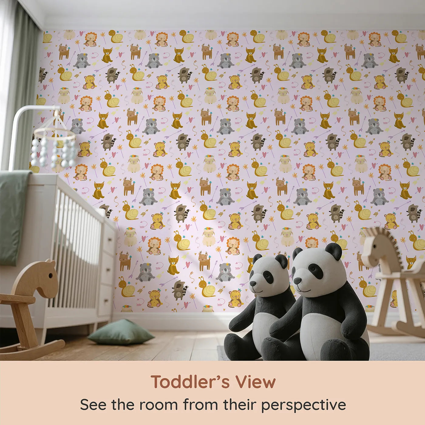 Whimsy Tots Magic Meadow Friends Wallpaper in Blush Pink (W3173B) from your child's view.Blushing animals and playful hearts drift through a world of gentle spells.