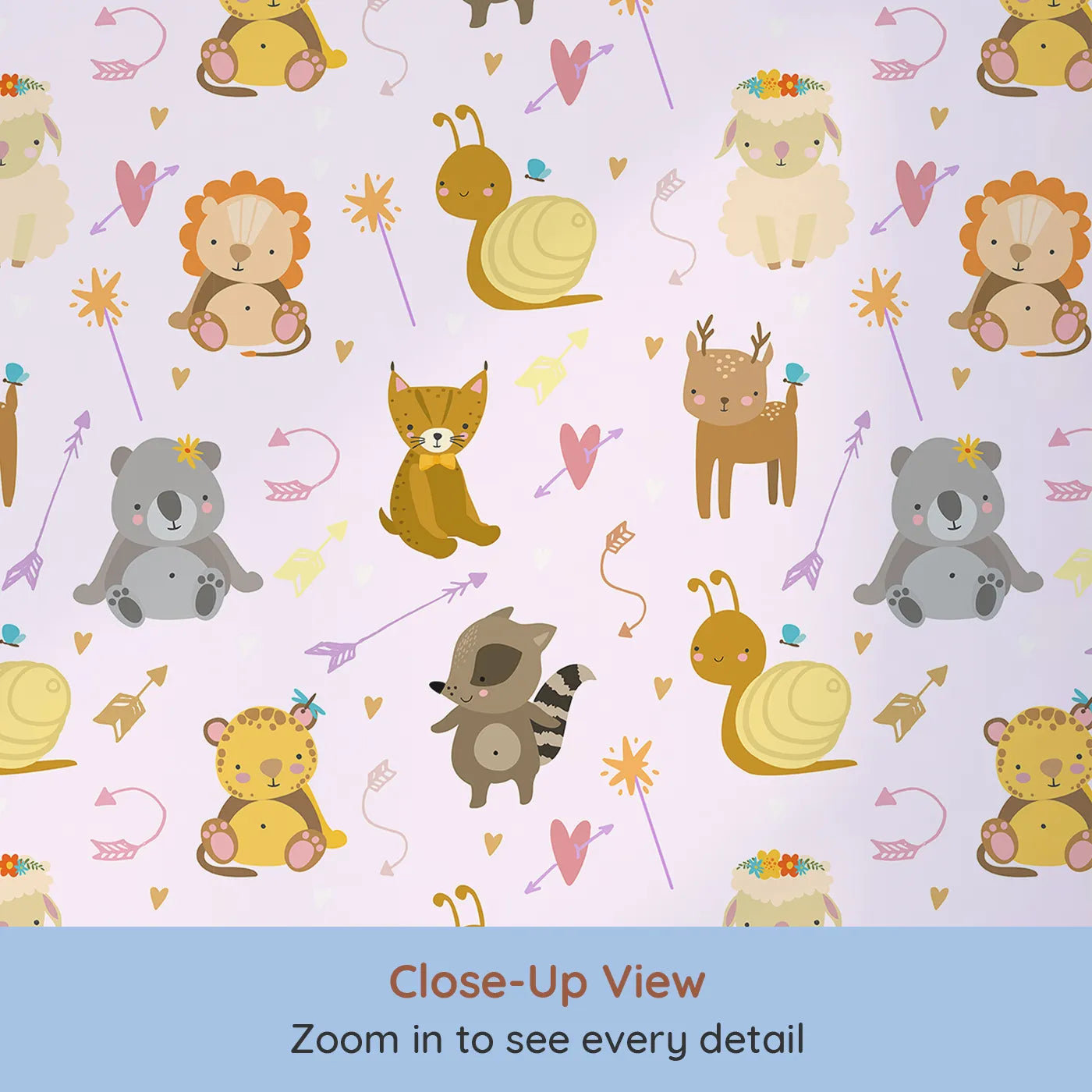 Close-up view of Whimsy Tots' Magic Meadow Friends Wallpaper in Blush Pink (W3173B).Blushing animals and playful hearts drift through a world of gentle spells.