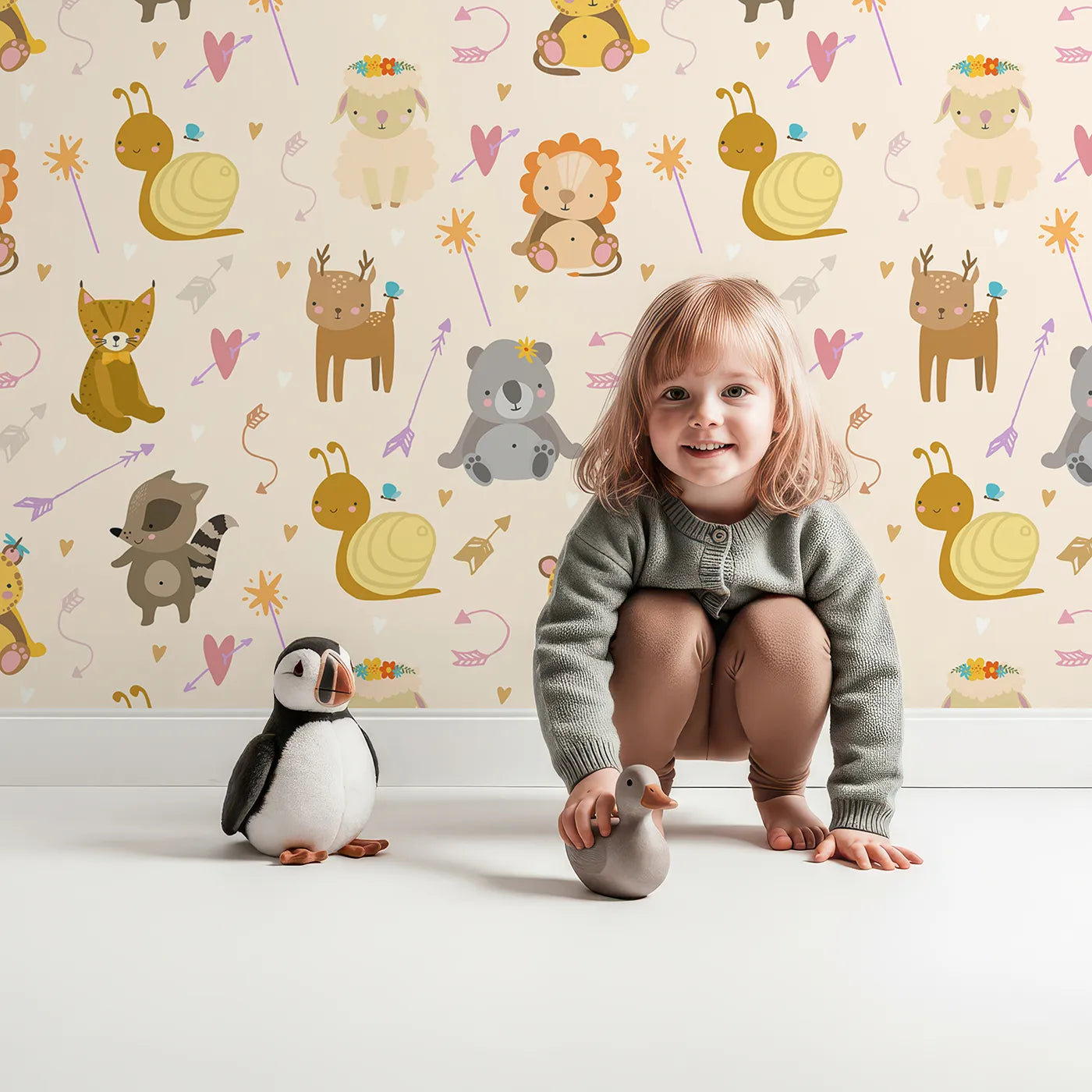 Lovely child standing in front of Whimsy Tots Magic Meadow Friends Wallpaper in Cream with deer, koala, leopard, lion, raccoon, snail, arrow, wand, heart in design.