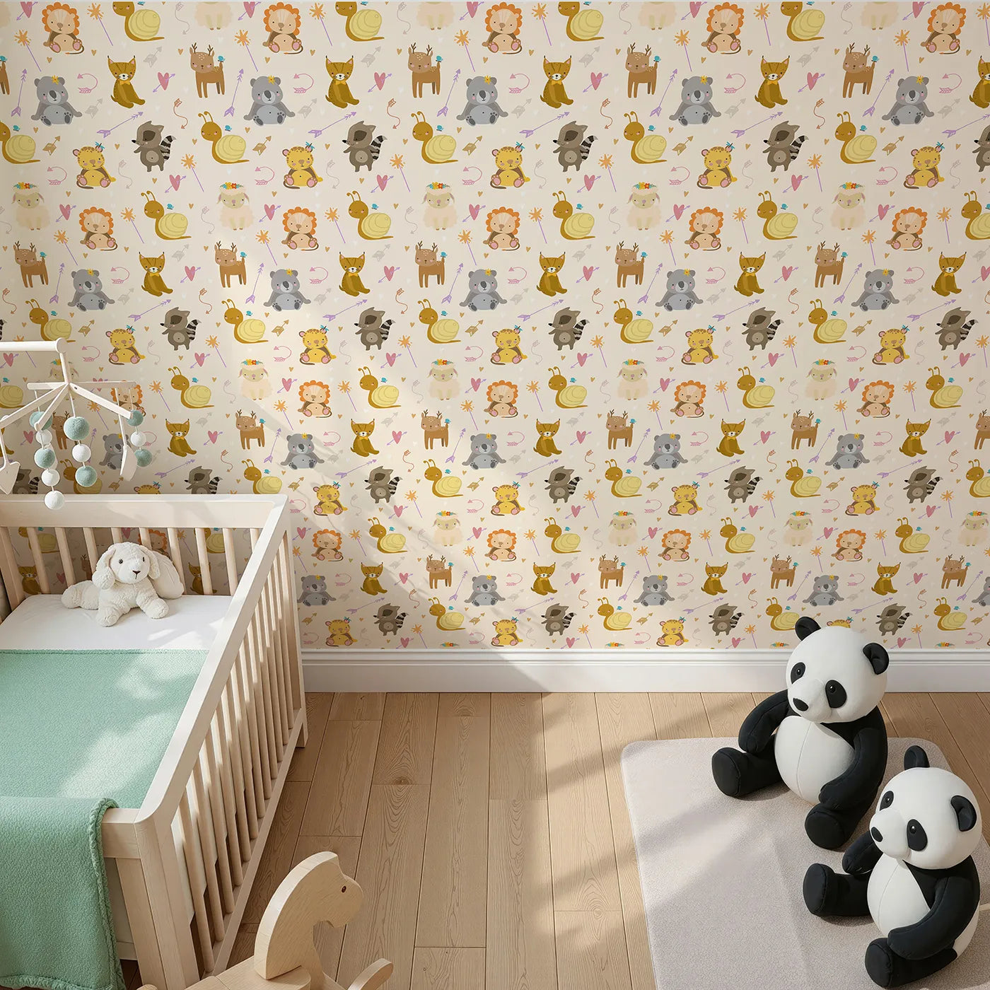 Top-Down view of Whimsy Tots' Magic Meadow Friends Wallpaper in Cream (W3173C).Forest friends and flying hearts wander through a creamy meadow.