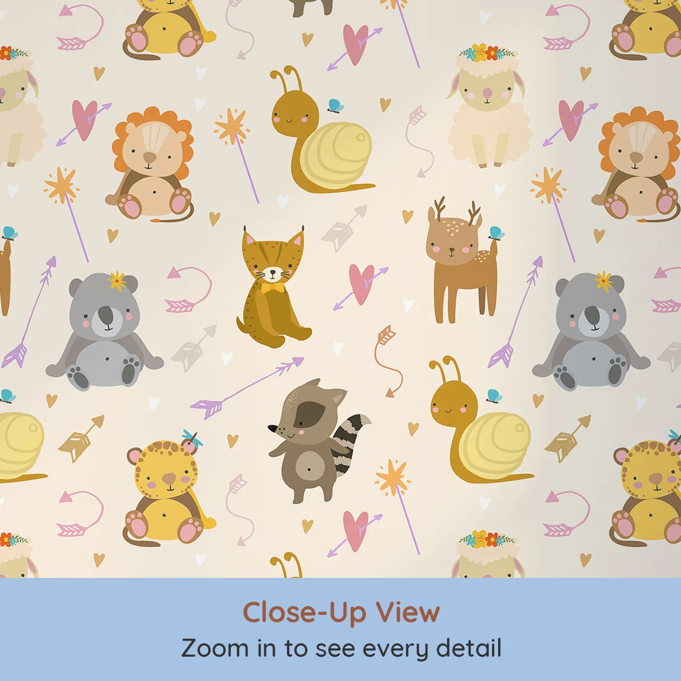 Close-up view of Whimsy Tots' Magic Meadow Friends Wallpaper in Cream (W3173C).Forest friends and flying hearts wander through a creamy meadow.