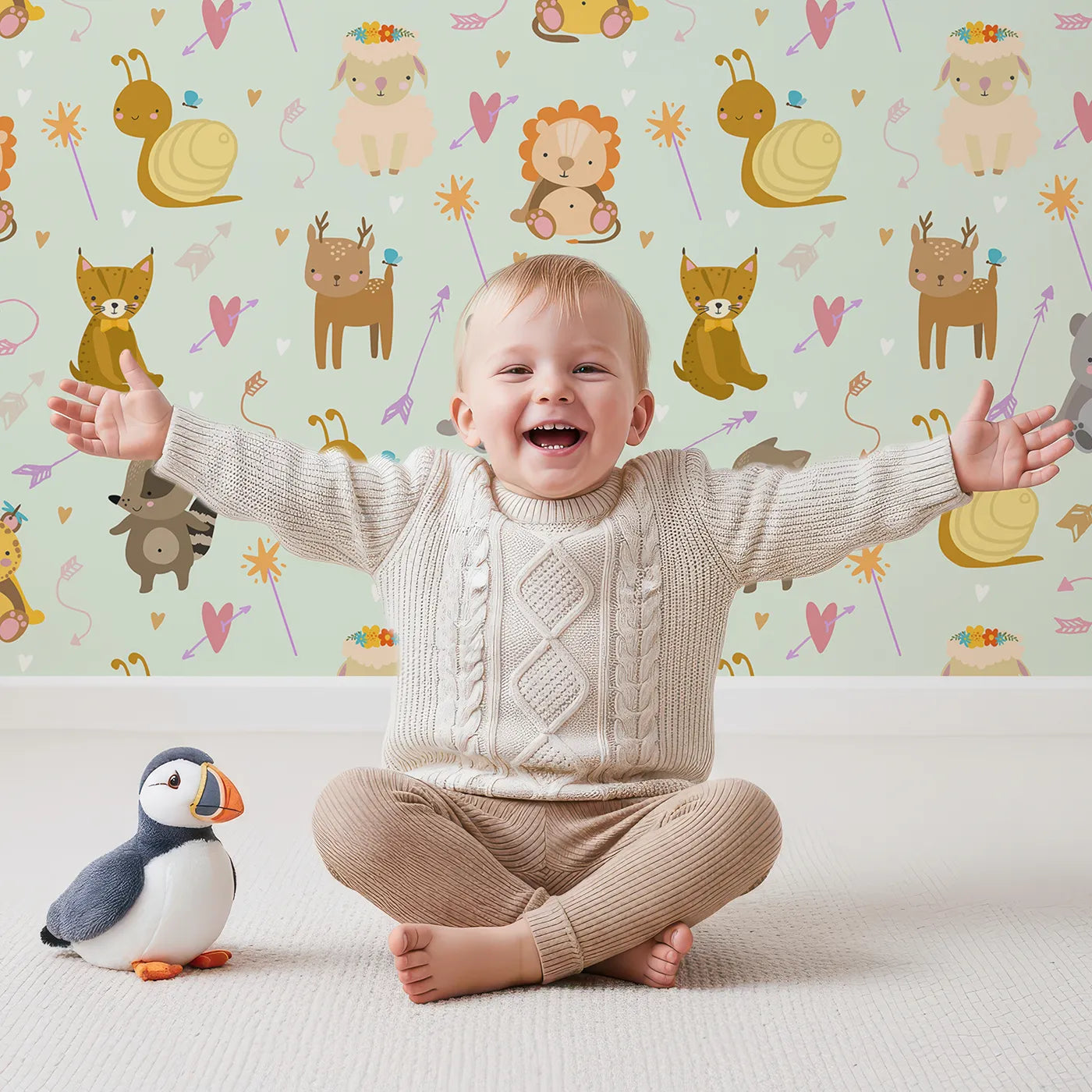 Lovely child standing in front of Whimsy Tots Magic Meadow Friends Wallpaper in Mint Green with deer, koala, leopard, lion, raccoon, snail, arrow, wand, heart in design.