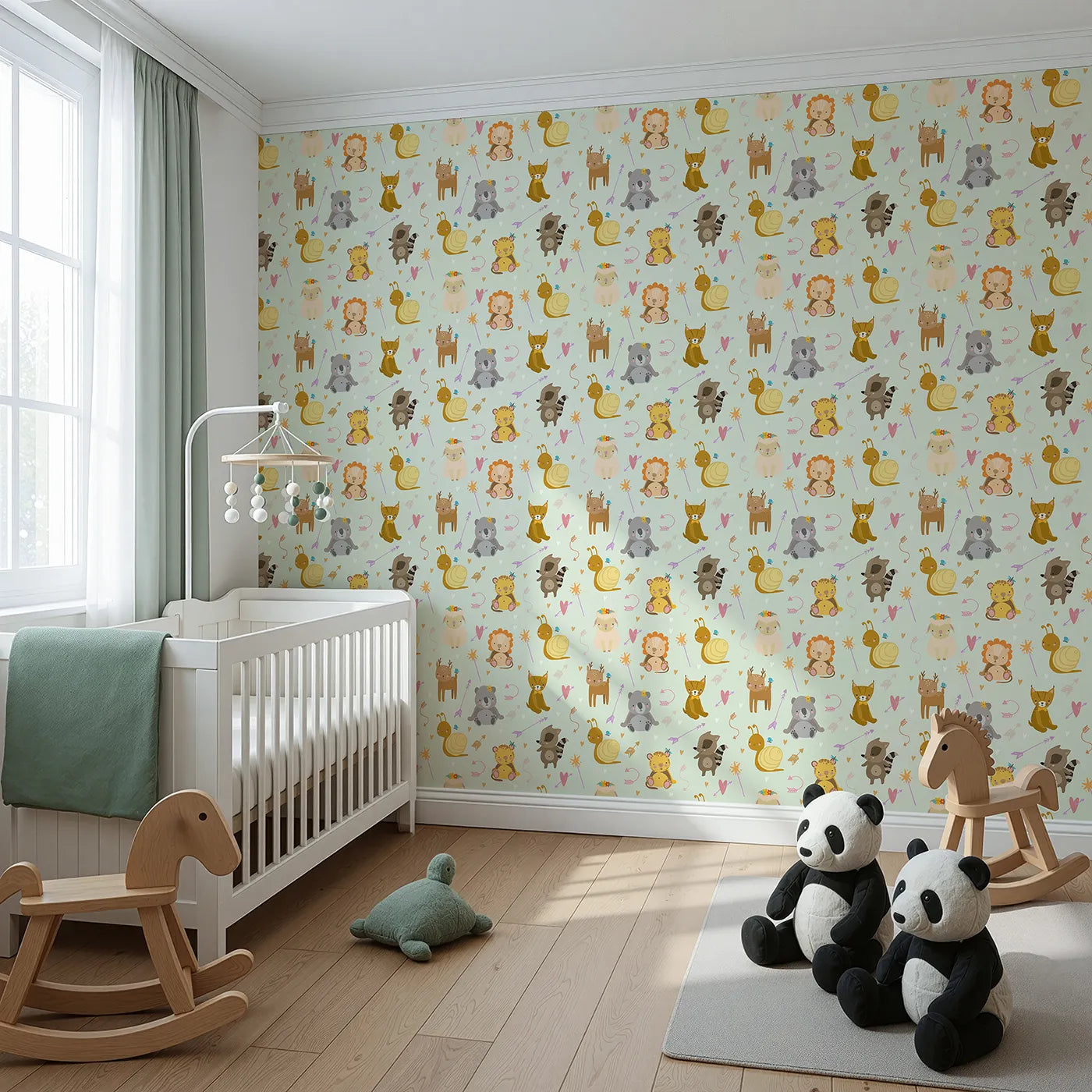 Angled view of Whimsy Tots' Magic Meadow Friends Wallpaper in Mint Green (W3173D).Playful animals explore a world of hearts, arrows, and fairy wands.
